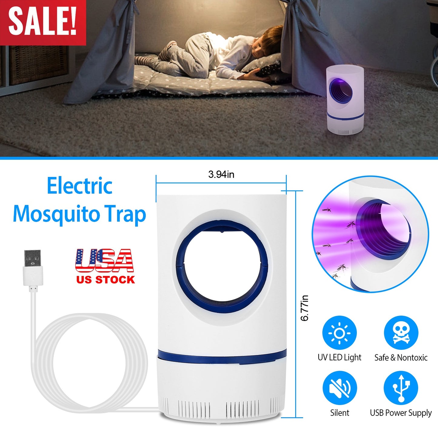 LJGelectro - Electric Mosquito Killer Lamp UV Light Mosquito Zapperwith USB Power Supply Portable Fruit Fly Trap Insect Pests Killer Child Safe for Home Kitchen Be