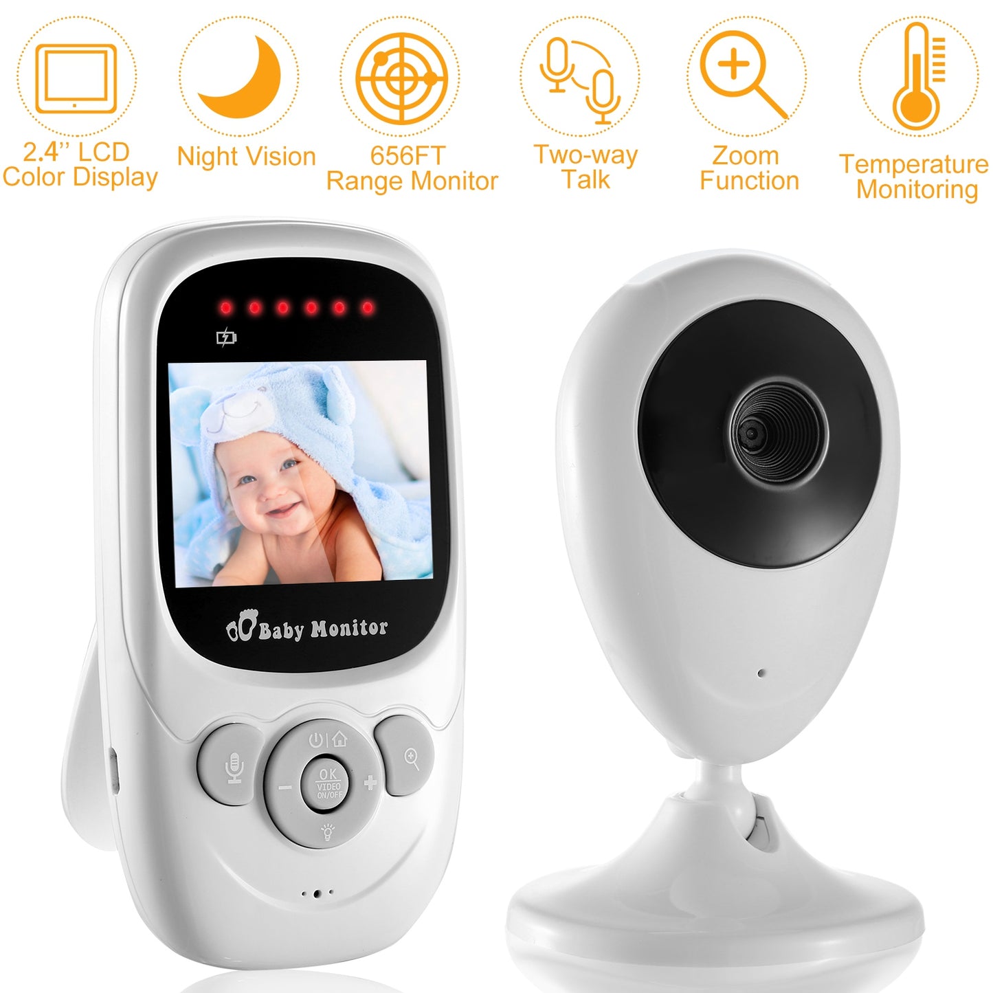 LJGelectro - 656FT Video Baby Monitor w/ Digital Camera Infrared Night Vision 2.4’’ LCD Two-way Talk Zoom Function 2.4GHz Wireless Transmission Temperature Monitor