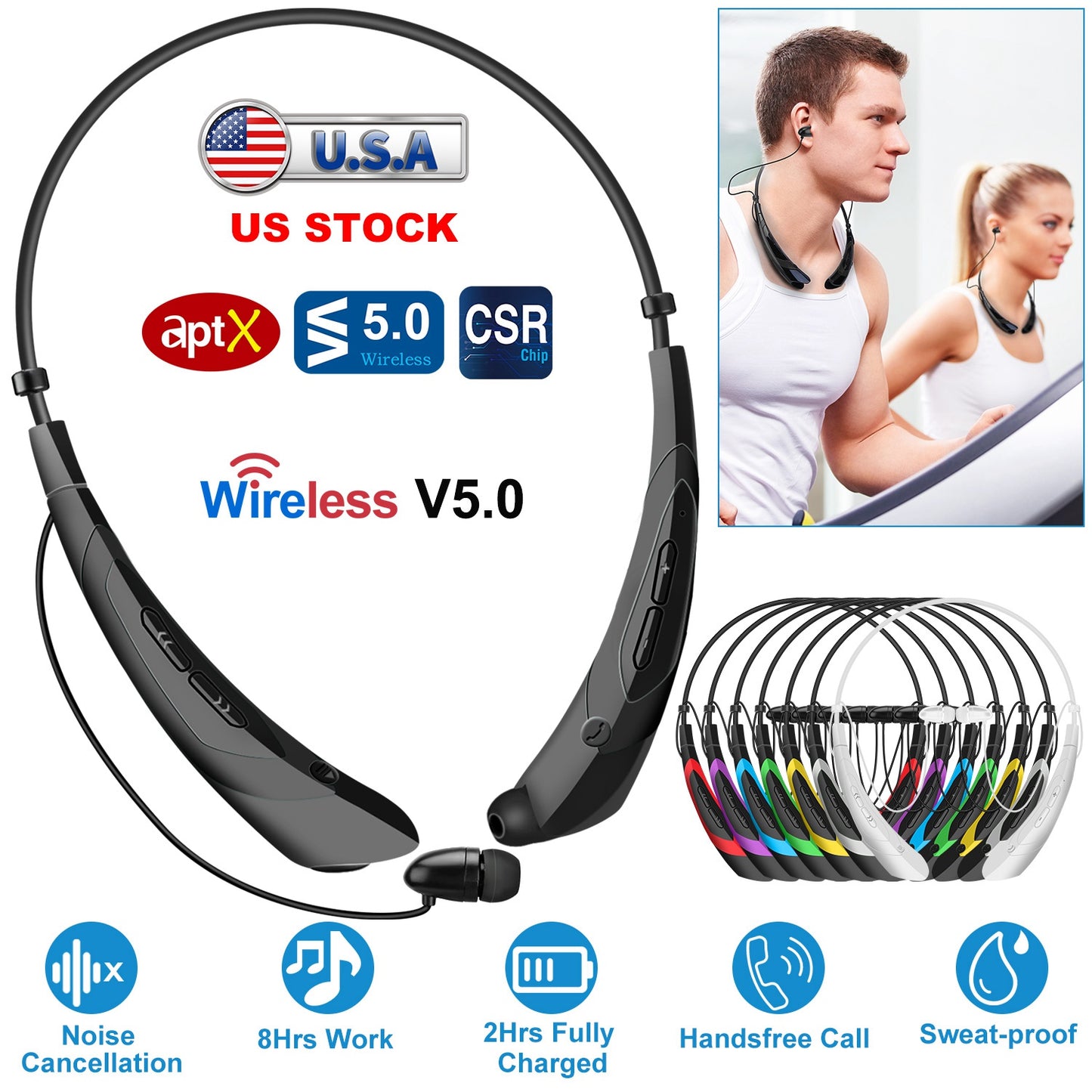 LJGelectro - Wireless Neckband Headphones V5.0 Sweat-proof Sport Headsets Earbuds In-Ear Magnetic Neckbands Stereo Earphone Deep Bass Earphone w/Mic