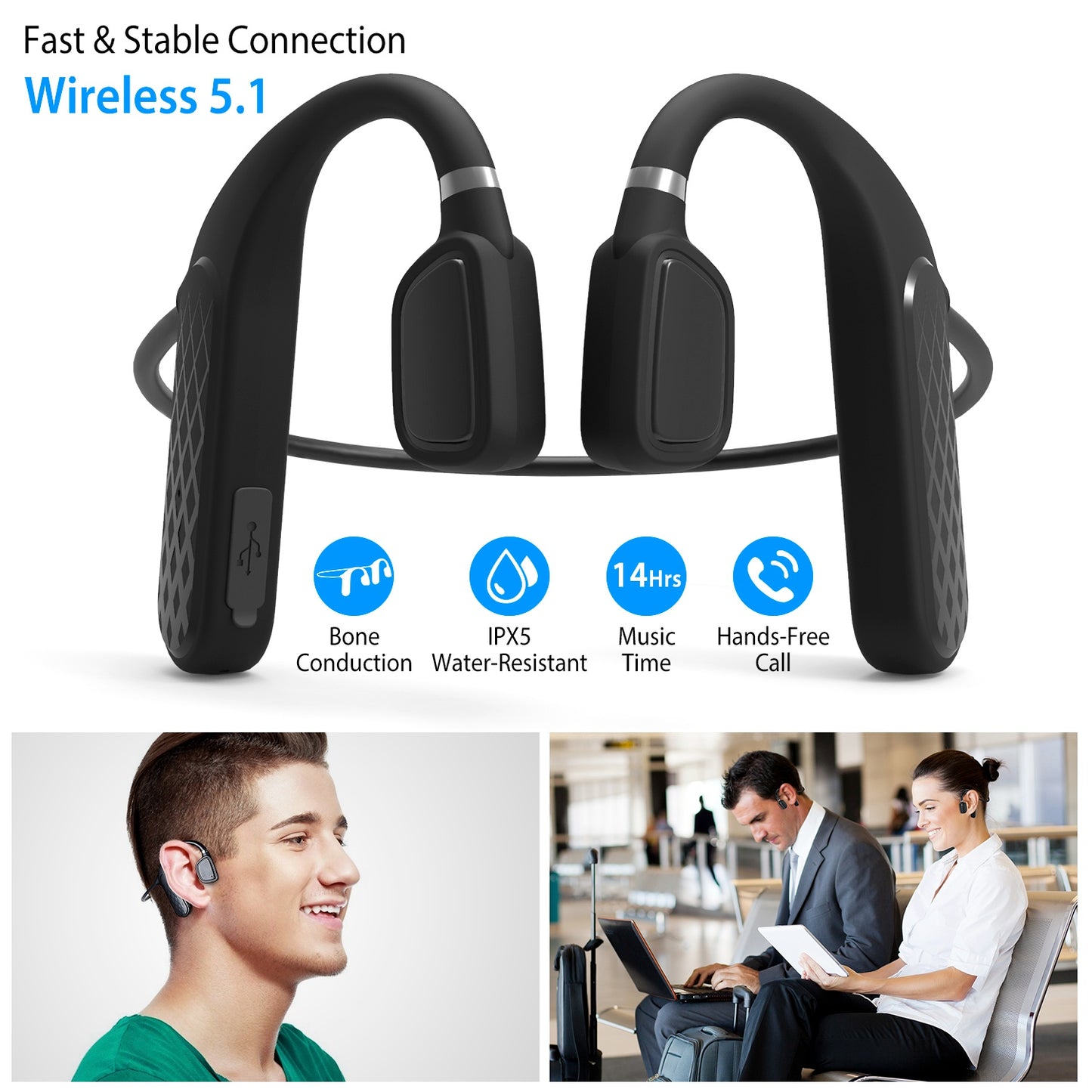 LJGelectro - Wireless V5.1 Bone Conduction Earphones Open-Ear Wireless Headsets Music Sport Wireless Open Hook Earphone w/ Sensitive Mic For Business Driving