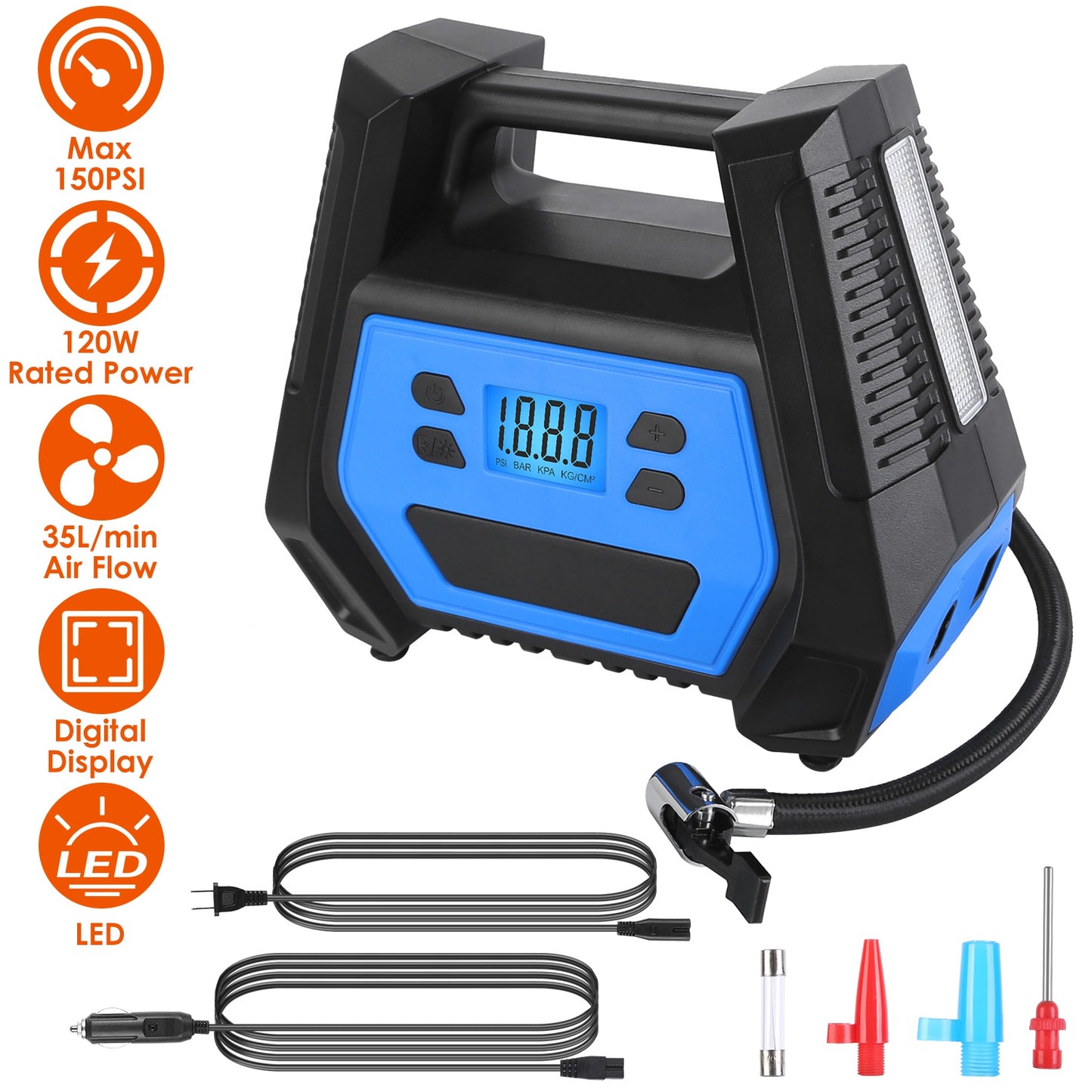 LJGelectro - Portable Tire Inflator 150 PSI 120W Max Power Tire Pump with Digital Display LED Light Inflatable Nozzle Needle Fuse Air Compressor for Bikes Motorbik