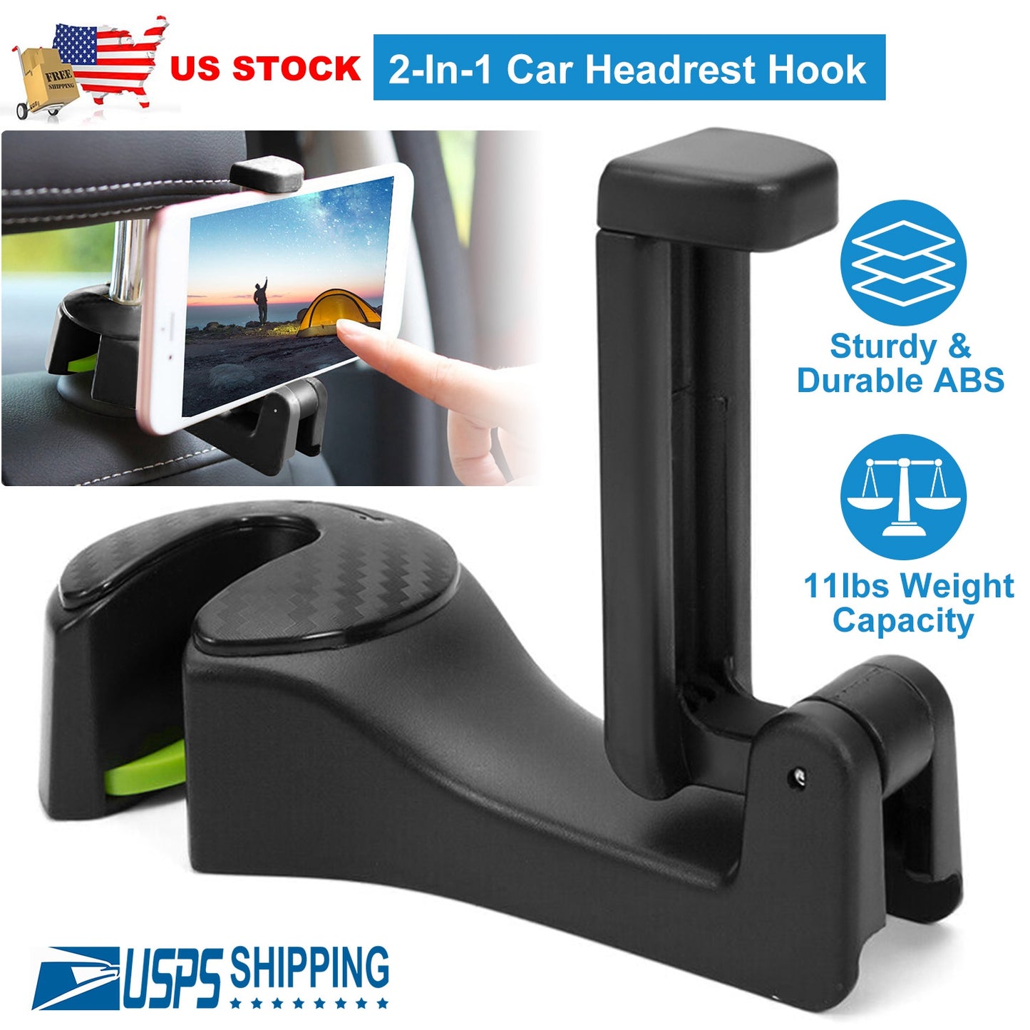 LJGelectro - Car Hook Car Seat Back Hook Car Headrest Hook Hanger with Phone Mount Holder Lock Phone Bracket