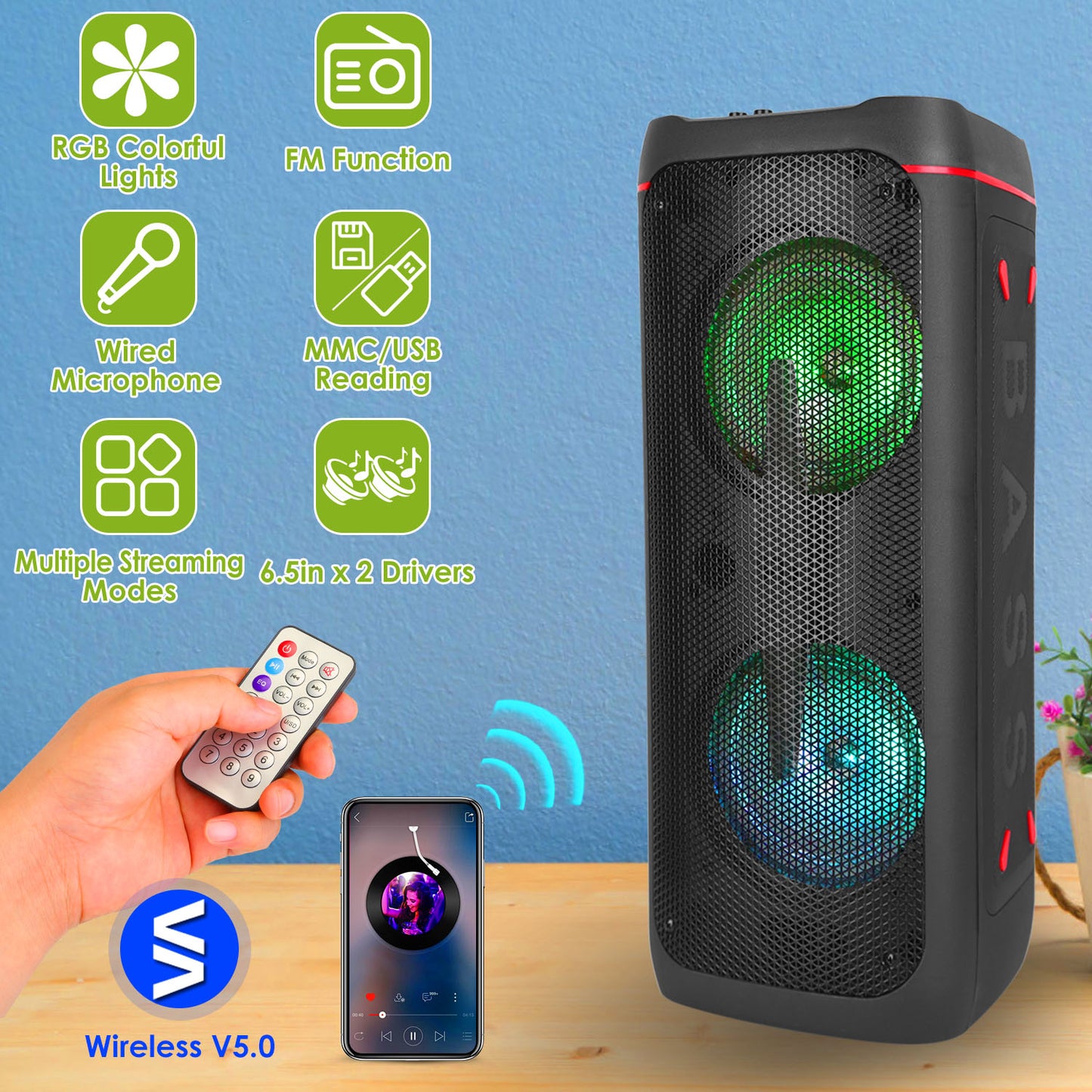 LJGelectro - Portable Wireless Party Speaker RGB Colorful Lights DJ PA System with TWS Function FM Radio USB MMC Card Reading Aux In Recording Function Mic Priorit