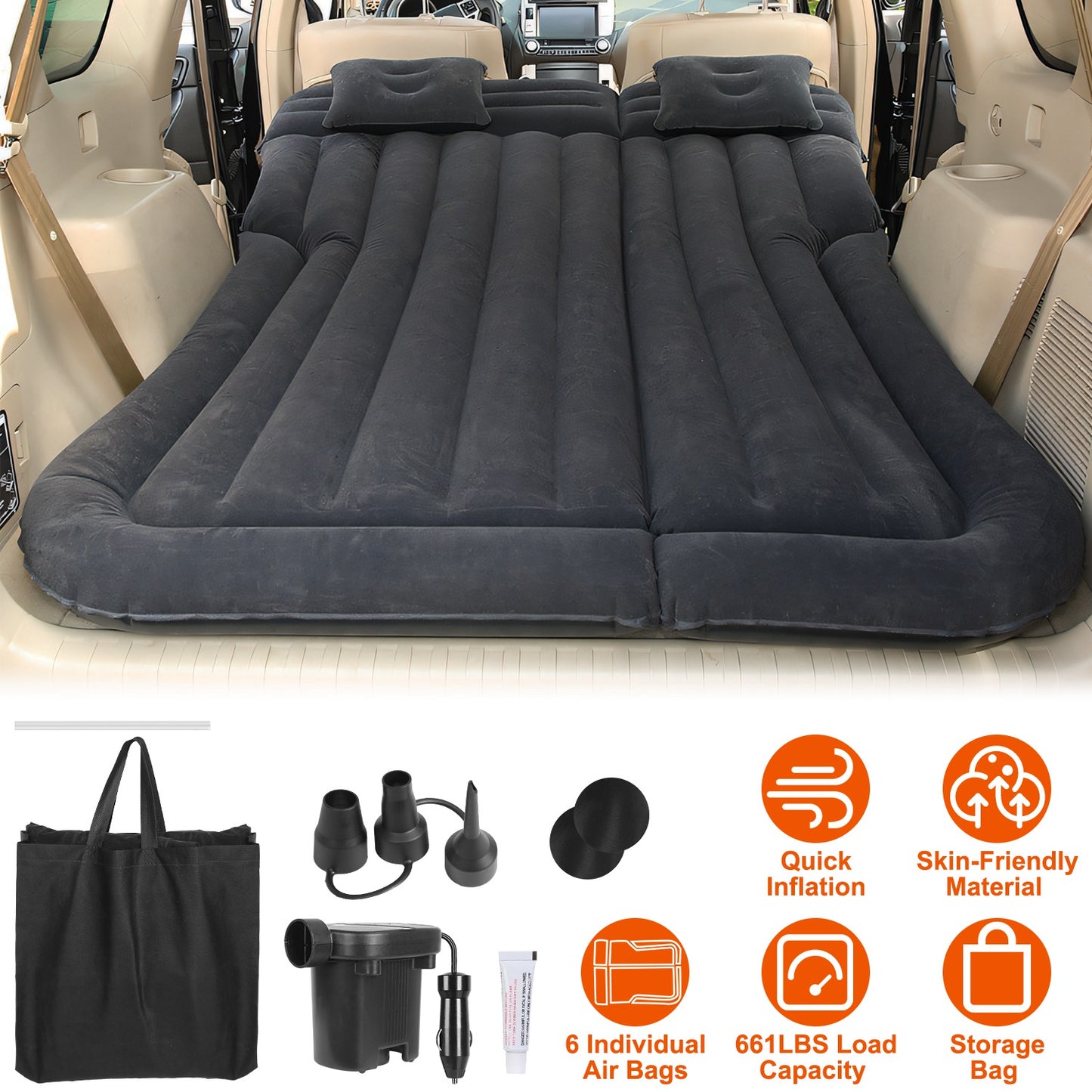 LJGelectro - Inflatable SUV Air Mattress Thickened Camping Bed Cushion with Pillow Air Pump Storage Bag PVC Flocked Car Bed for Home Car Travel Camping