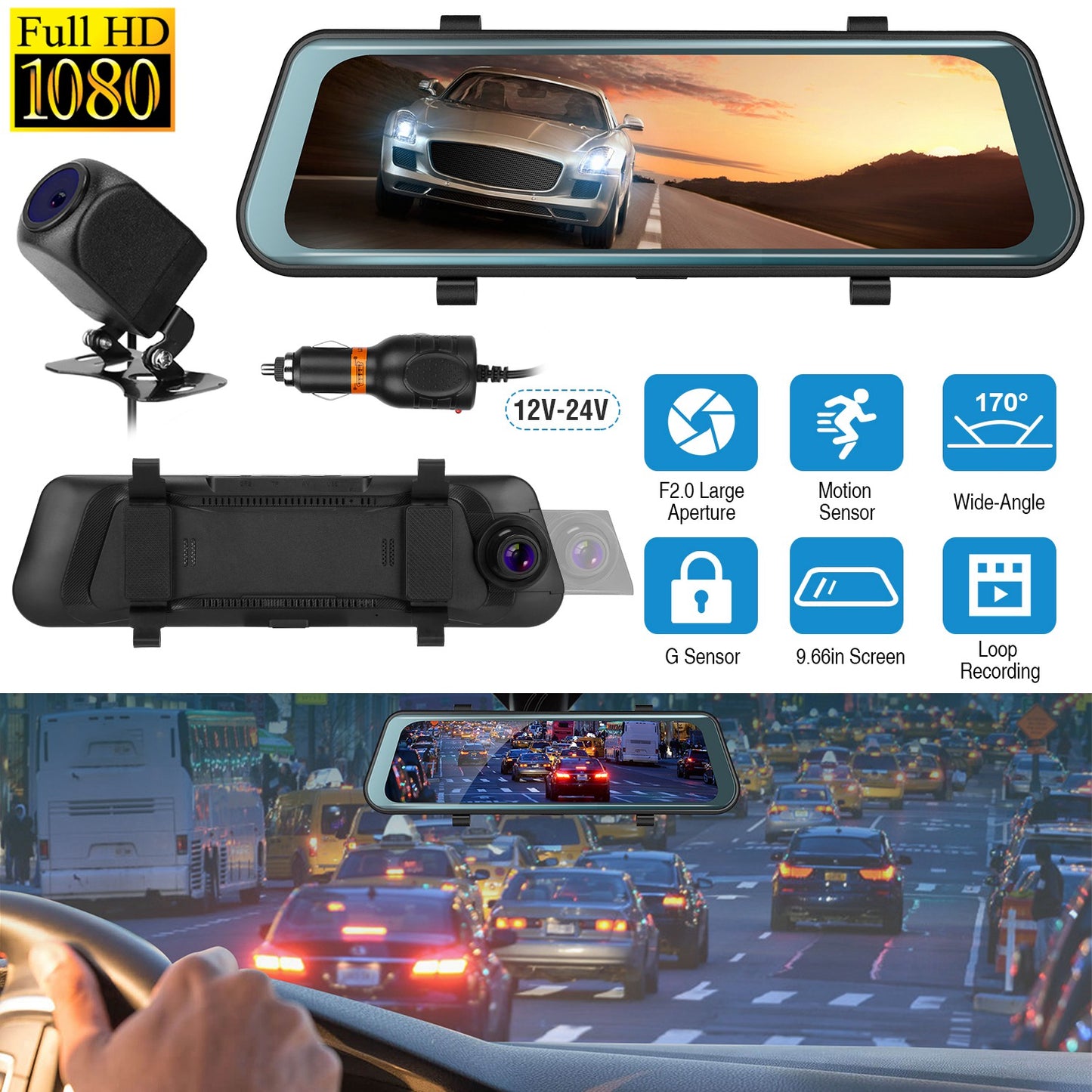 LJGelectro - FHD 1080P Car DVR Dash Camera 9.66In Vehicle Driving Recorder w/ G Sensor Parking Monitoring Seamless Recording