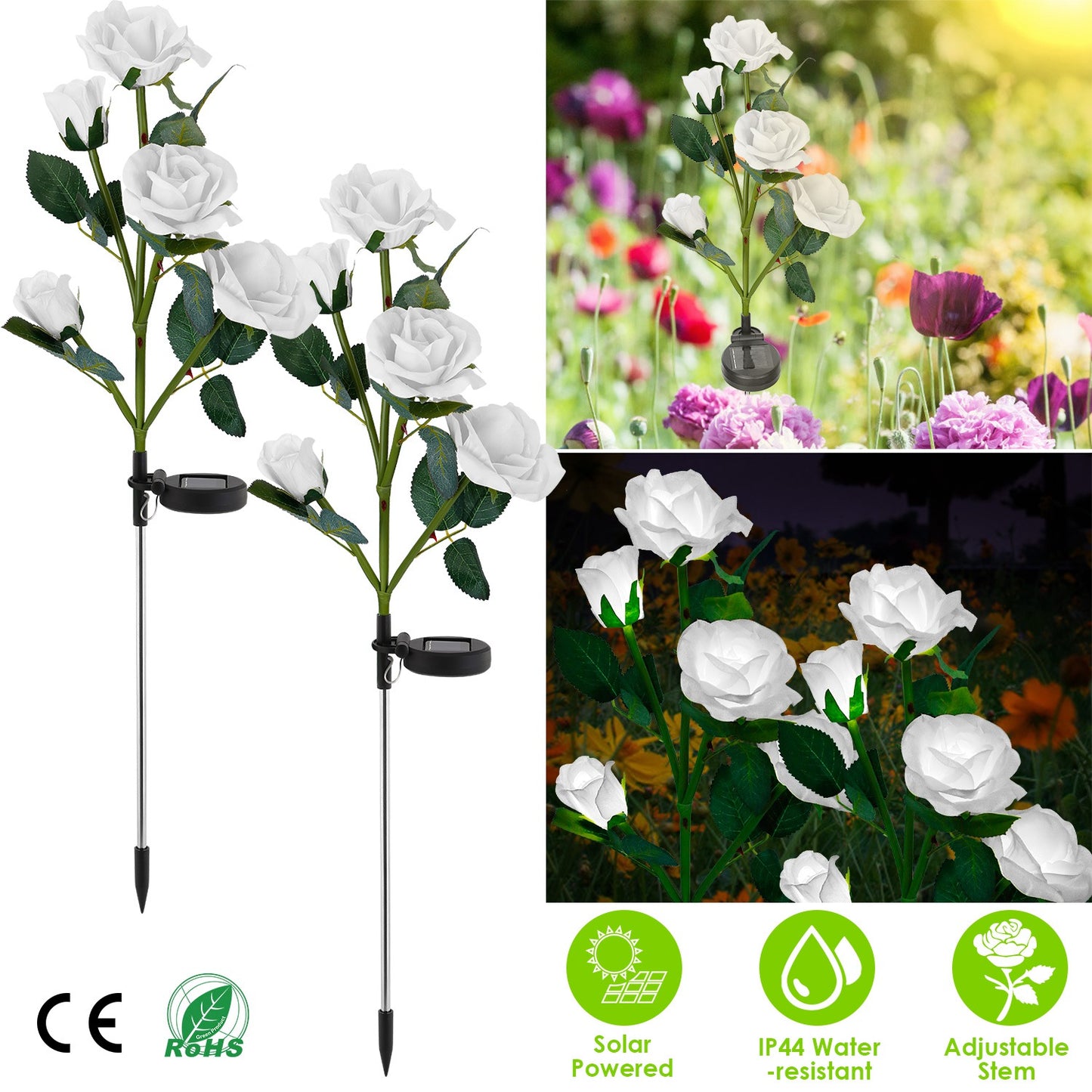 LJGelectro - 2Pcs Solar Powered Lights Outdoor Rose Flower LED Decorative Lamp Water Resistant Pathway Stake Lights For Garden Patio Yard Walkway