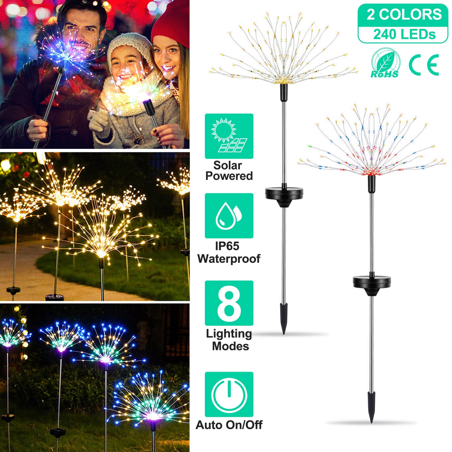 LJGelectro - 2Pcs Solar Powered Starburst Lights 240 LEDs Firework Lamp Garden Path Decor Lights