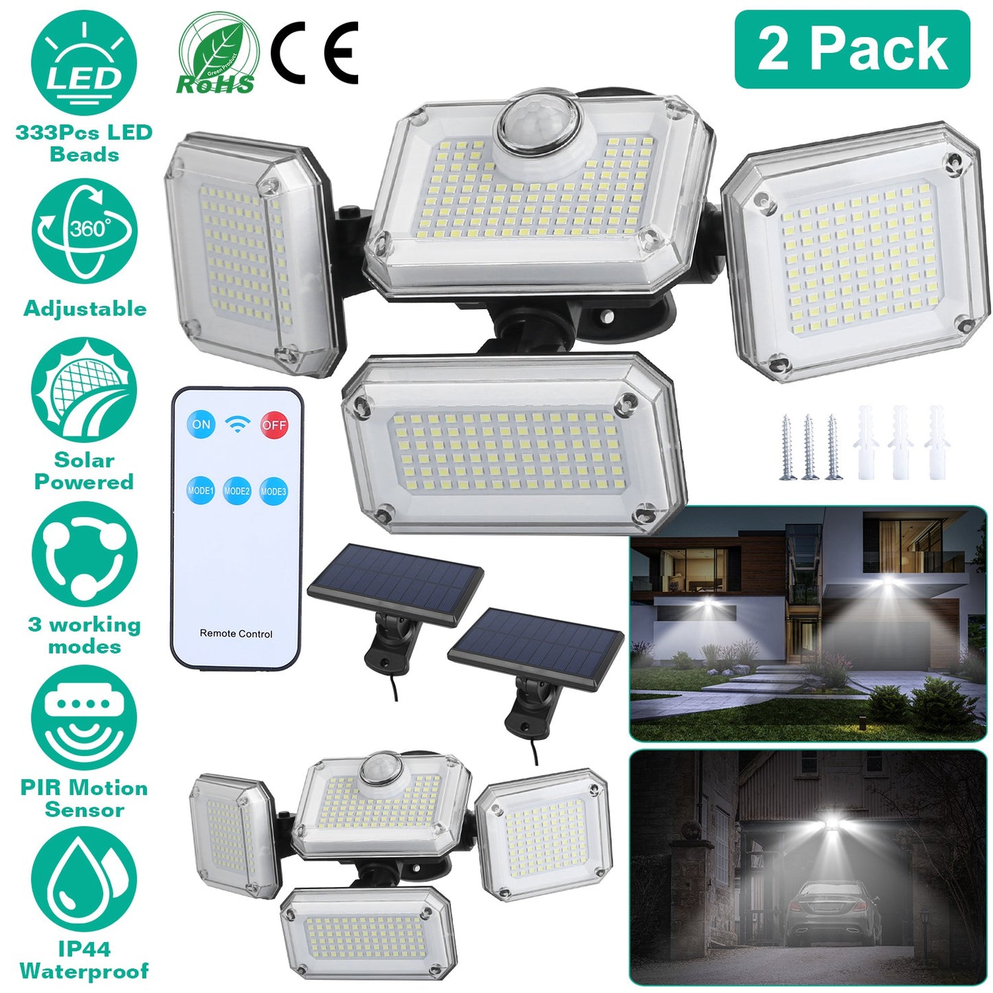 LJGelectro - 2 Pack Solar Powered Wall Lights IP44 Waterproof Motion Sensor Lamps with Separate Solar Panel 4 Adjustable Heads 333Pcs Beads 120° Sensing Angle Remo