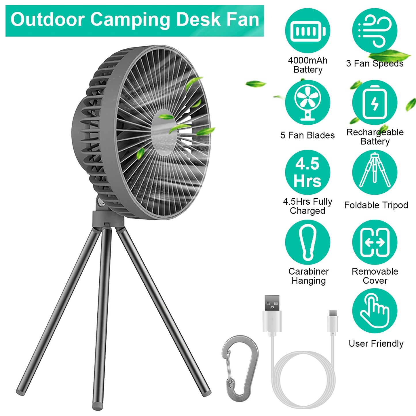 LJGelectro - Portable Camping Fan Rechargeable Battery Powered Foldable Tripod Fan for Tent with Hanging Hook Carabiner Personal Desk Fan with 3 Speed Setting for