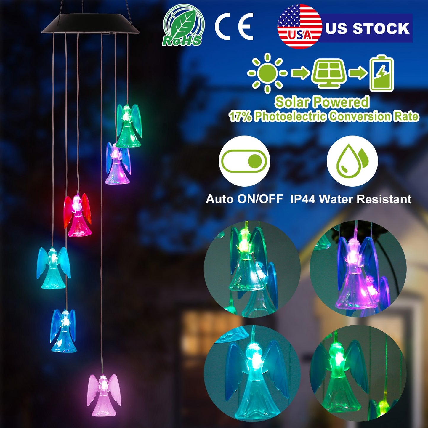 LJGelectro - Solar Powered Angel Lights Wind Chimes LED Color Changing Hanging Wind Lamp Water Resistant Decorative Night Lamp For Lawn Yard Balcony Porch