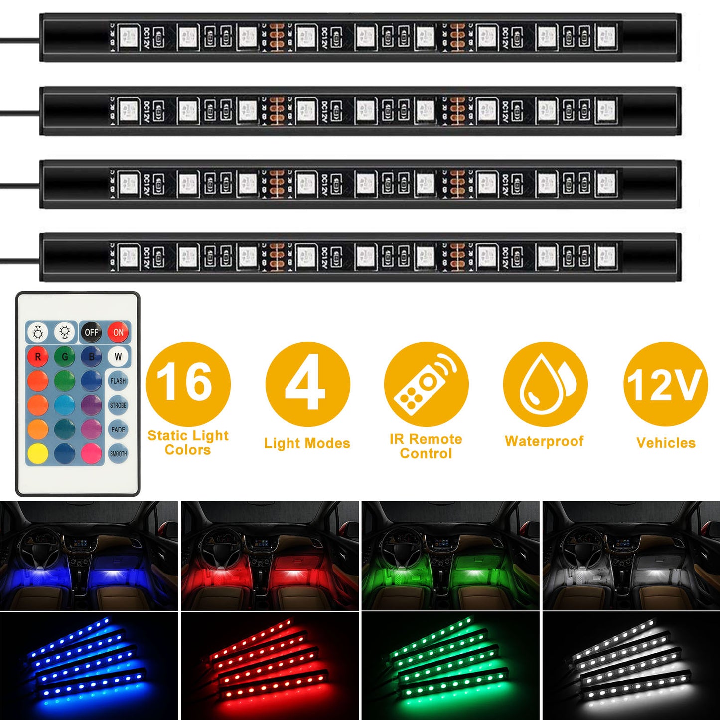 LJGelectro - 4PCS 36LEDs 12V Car Atmosphere Light Strip IP65 Colorful RGB LED Neon Lights IR Remote