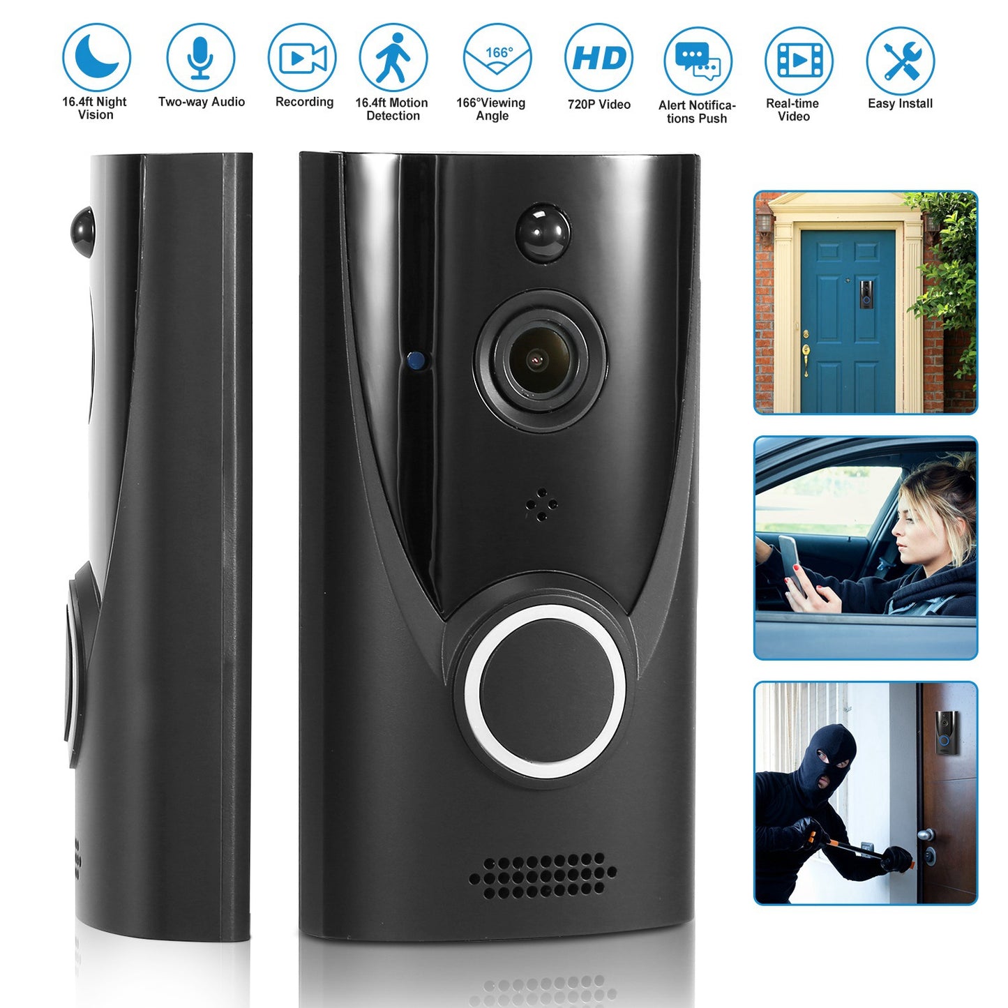 LJGelectro - WiFi Video Doorbell Wireless Door Bell 720P HD WiFi Security Camera w/ Two-way Talk PIR Motion Detection IR Night Vision Home Security Camcorder Offic