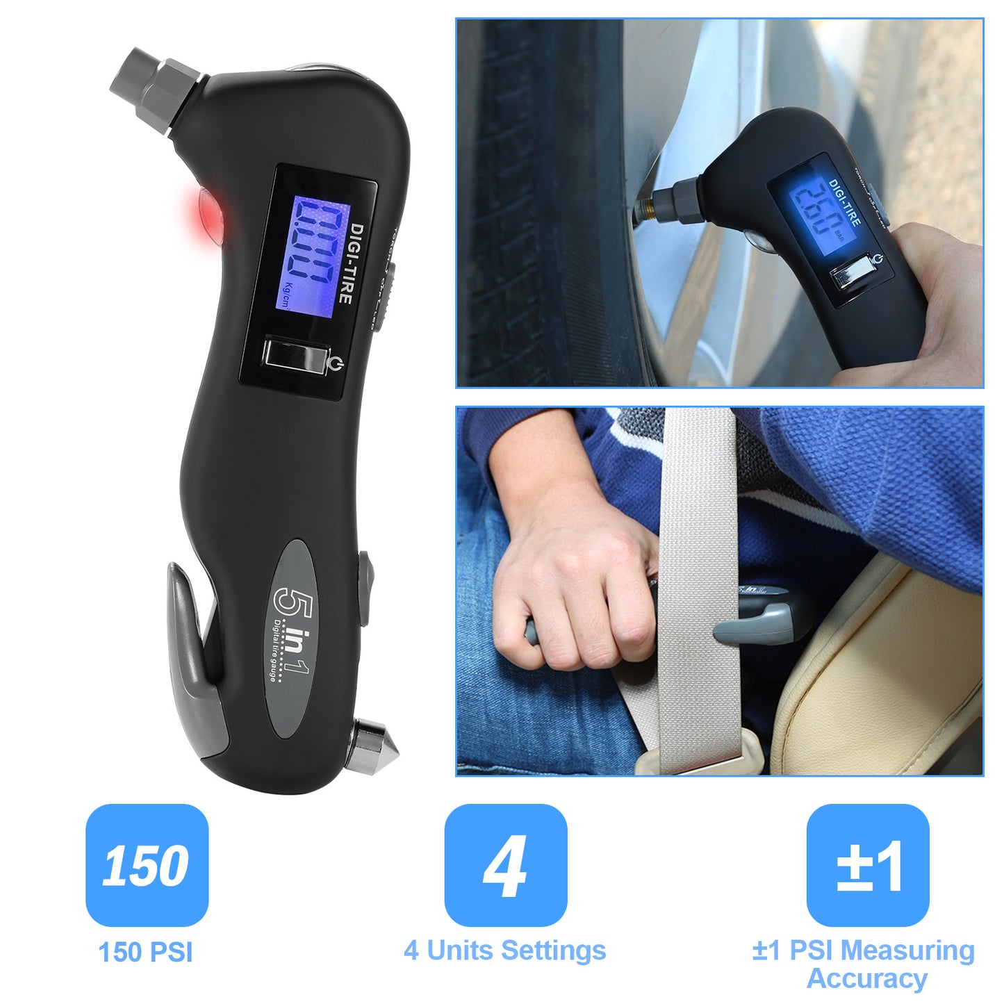 LJGelectro - Auto Digital Tire Pressure Gauge 150 PSI 4 Settings LED Flashlight Window Breaker Seat Belt Cutter Emergency Tools 5 in 1 for Car Truck