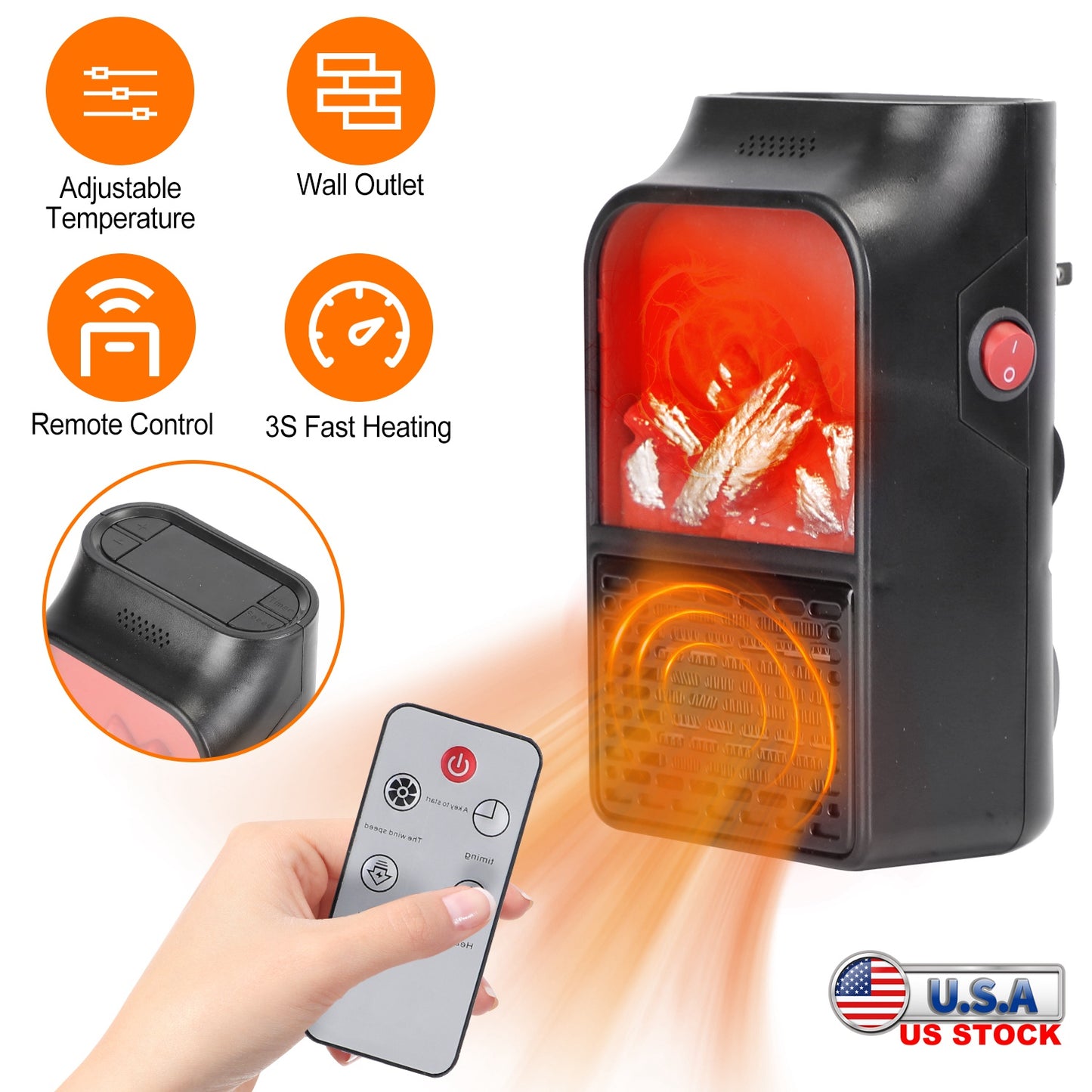 LJGelectro - 800W Plug-In Space Heater Wall Outlet Heater with 360° Rotatable Plug Adjustable Temperature 2 Wind Speeds Remote Control