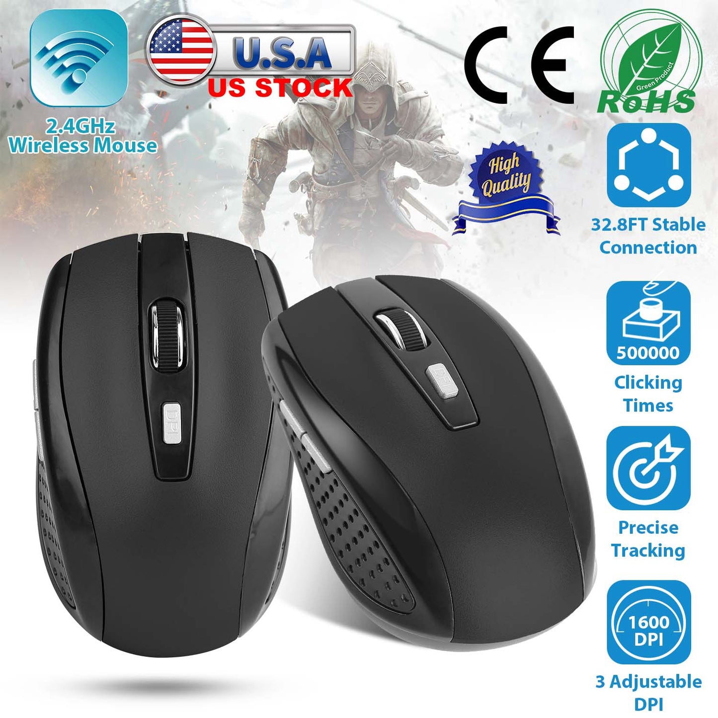 LJGelectro - 2.4G Wireless Gaming Mouse Optical Mice w/ Receiver 3 Adjustable DPI 6 Buttons For PC Laptop Computer Macbook