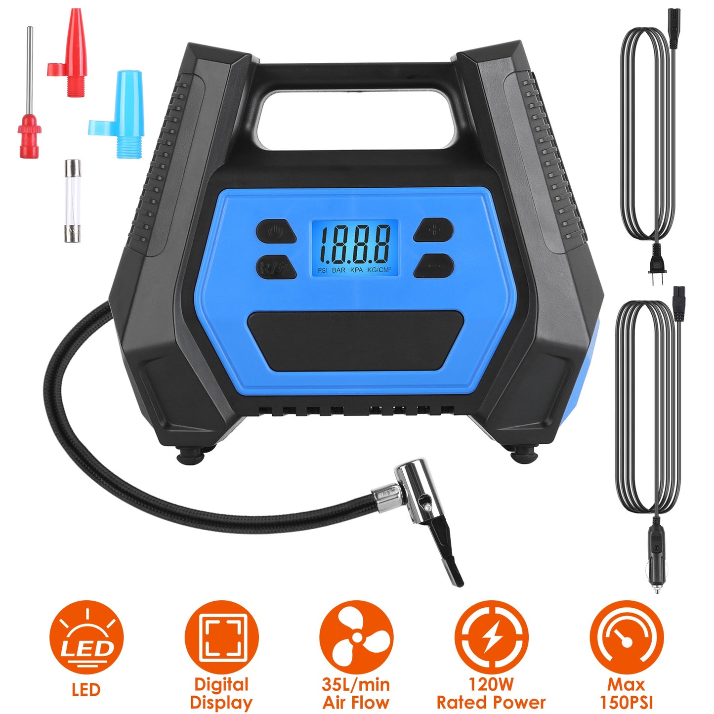 LJGelectro - Portable Tire Inflator 150 PSI 120W Max Power Tire Pump with Digital Display LED Light Inflatable Nozzle Needle Fuse Air Compressor for Bikes Motorbik