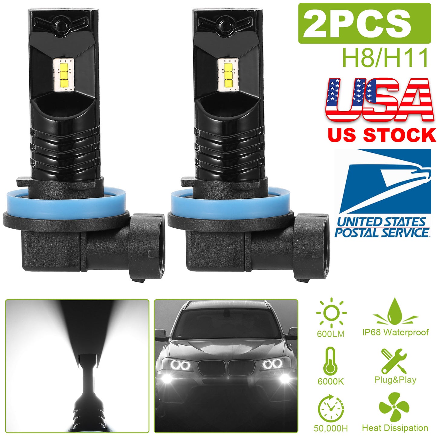 LJGelectro - 2PCS 600lm 80W H8/H9/H11 LED Fog DRL Light Bulb IP68 Waterproof 6000K White Fog Light