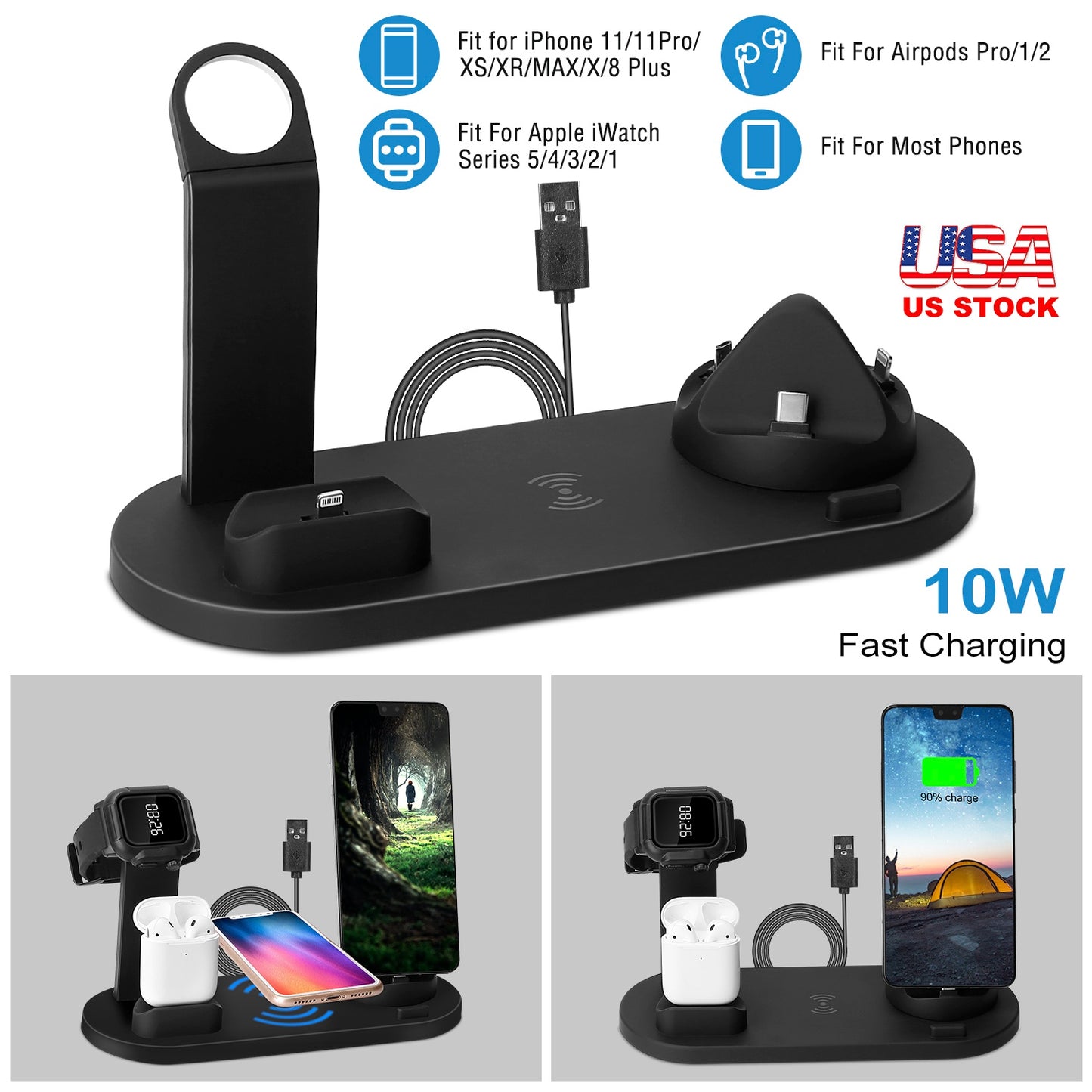 LJGelectro - Wireless Charger Dock 4 in 1 10W Fast Charging Station For iPhone Apple iWatch Series 5/4/3/2/1 AirPods Fit for iPhone 11/11Pro/XS/XR/MAX/X/8 Plus/8 S