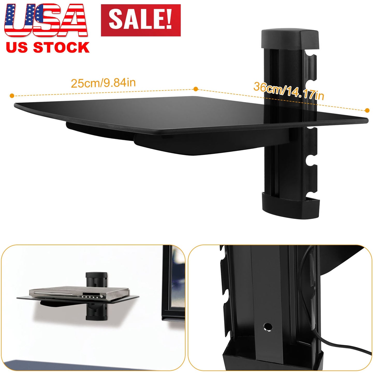 LJGelectro - Floating Wall Mounted Strengthened Tempered Glass Shelf for DVD Cable Boxes