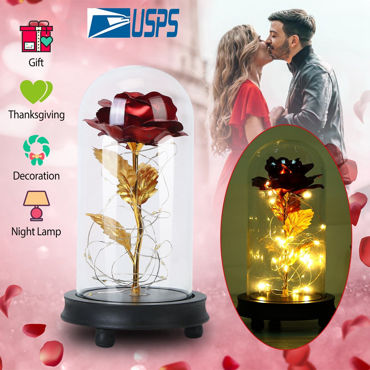 LJGelectro - Foil Rose LED String Light Rose Fairy Lamp w/ Glass Dome For Valentines’ Day Mother’s Day Wedding Birthday