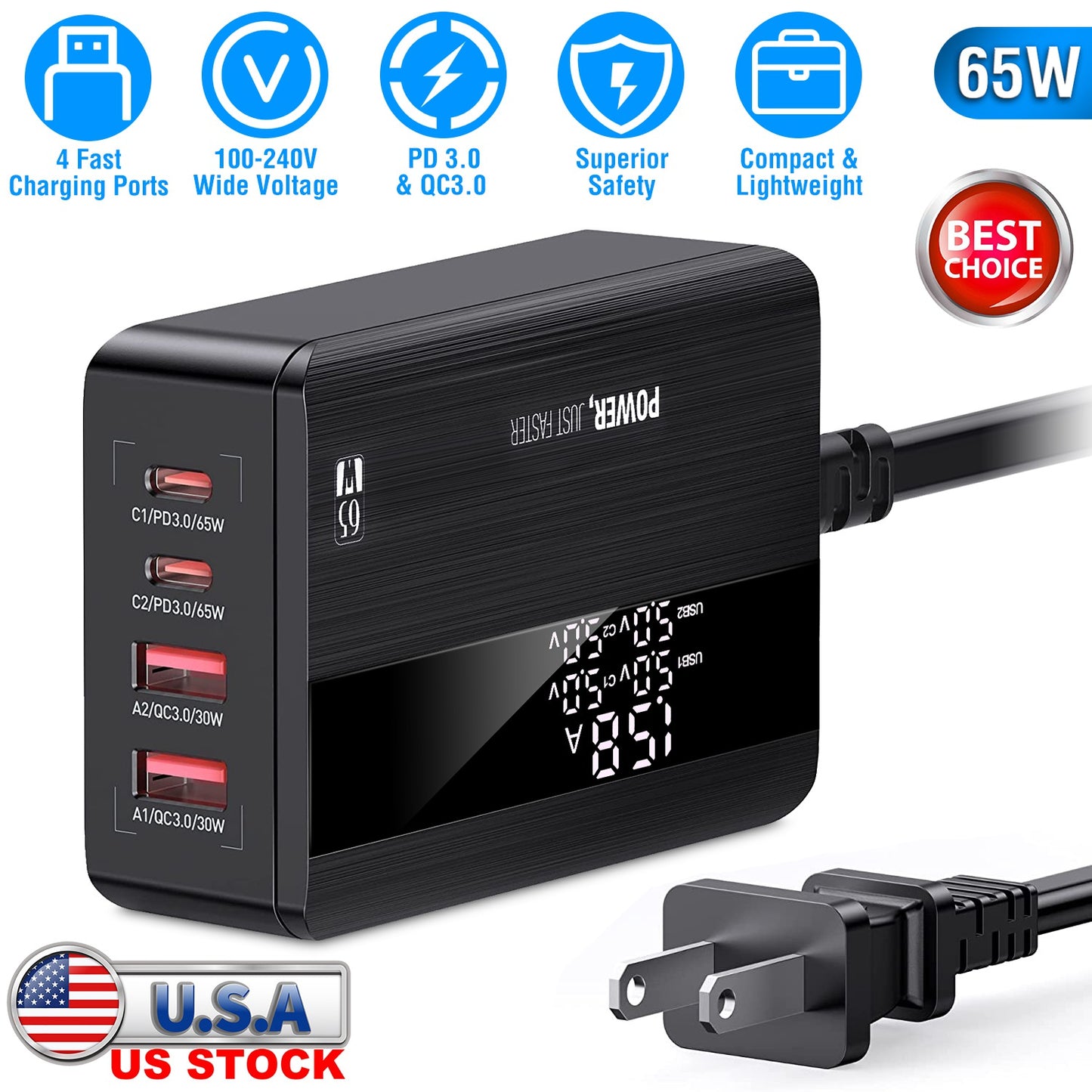 LJGelectro - 65W Fast Wall Charger 4 Port USB Charging Station PD3.0 QC3.0 Adapter Fit for iPhone 14 13 12 11 Samsung S22 S21 Switch MacBook iPad