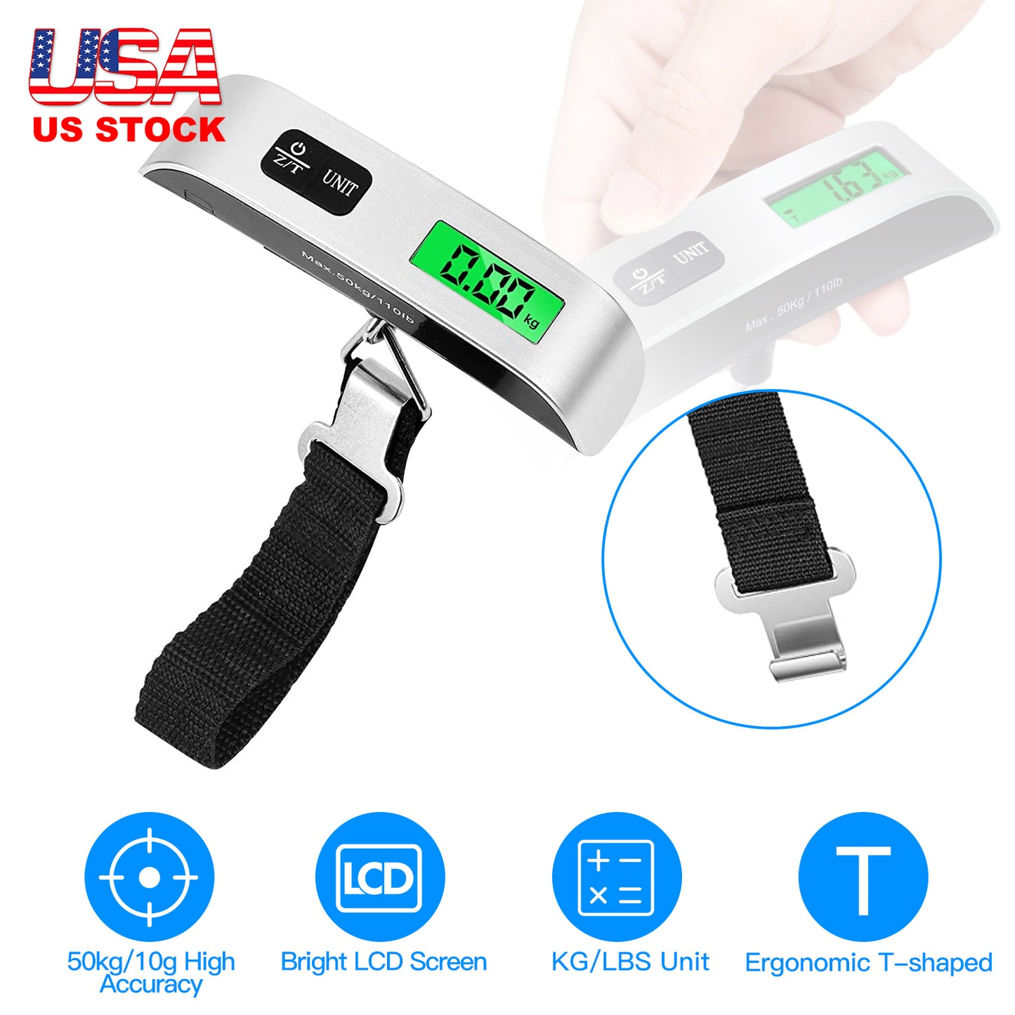 LJGelectro - 50kg 110lbs Portable Luggage Scale Handheld Hanging Suitcase Digital Scale with Hook LCD Display Screen Temperature Sensor Battery Include Travel Weig