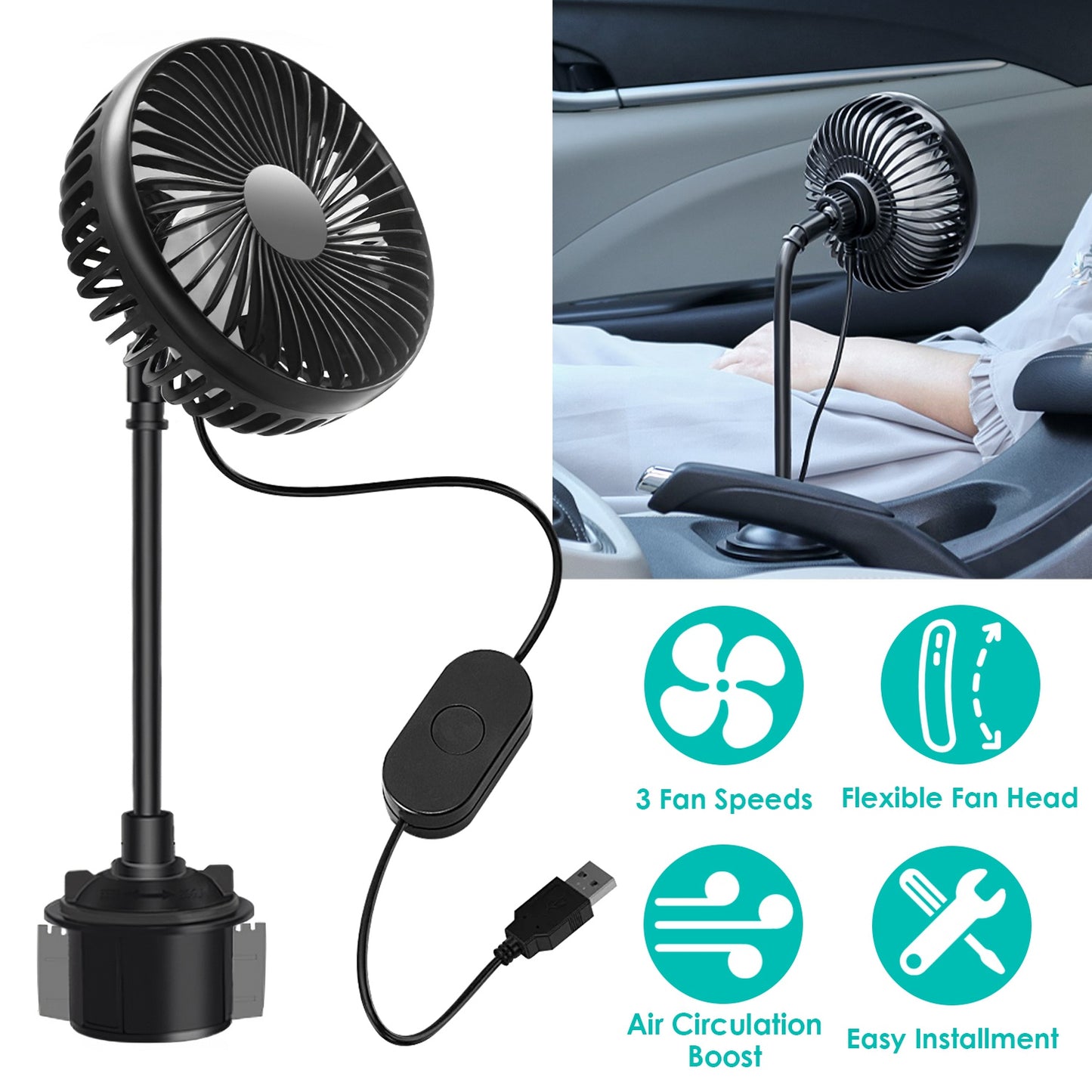 LJGelectro - Car Cooling Fan Portable Car Cup Holder Fan Adjustable Gooseneck Fan with 3 Speeds for Car Van Truck SUV RV