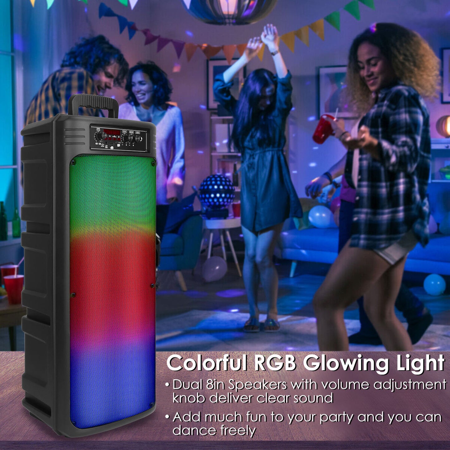 LJGelectro - Portable Wireless Party Speaker Dual 8in Colorful Lights DJ PA System with TWS Function FM Radio USB MMC Card Reading Aux In Recording Function Wirele