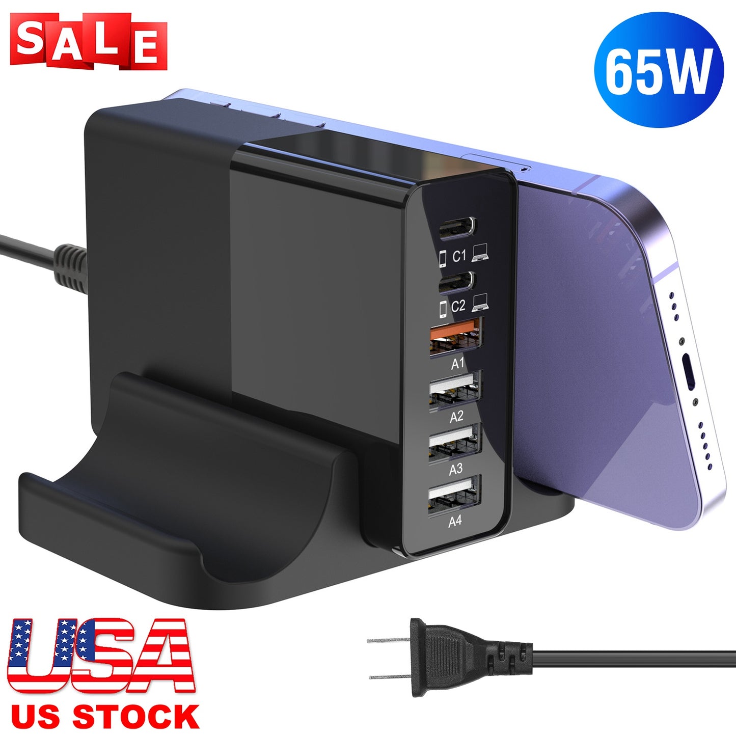 LJGelectro - USB Fast Charger 65W 6-Port Fast Charging Station Type-C Wall Charger PD Adapter with 2 Type-C Ports 4 USB-A Ports Fit for IOS Phone 13/ iPad/ Galaxy/