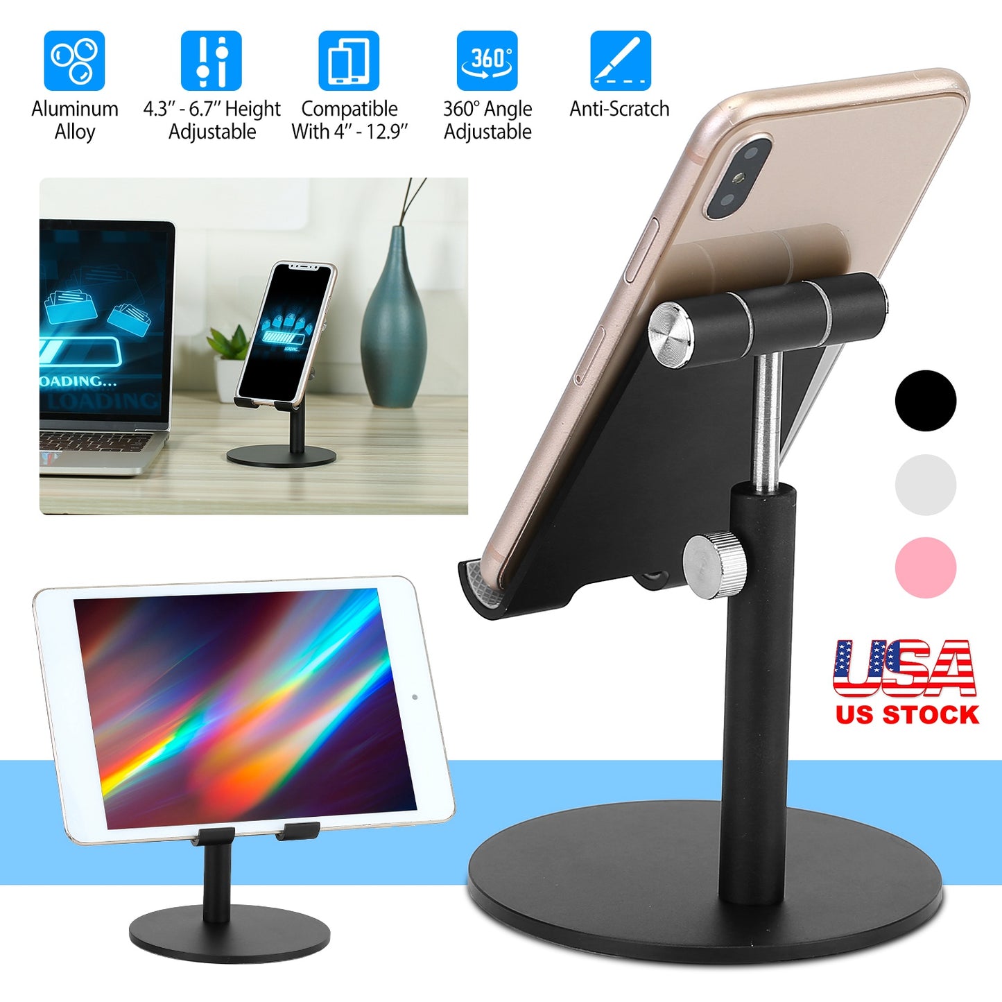 LJGelectro - Cell Phone Stand Universal Tablets Phones Stand Holder Height Angle Adjustable Desktop Phone Stand No-Slip Aluminum Alloy Thick Case Friendly Phone Ho