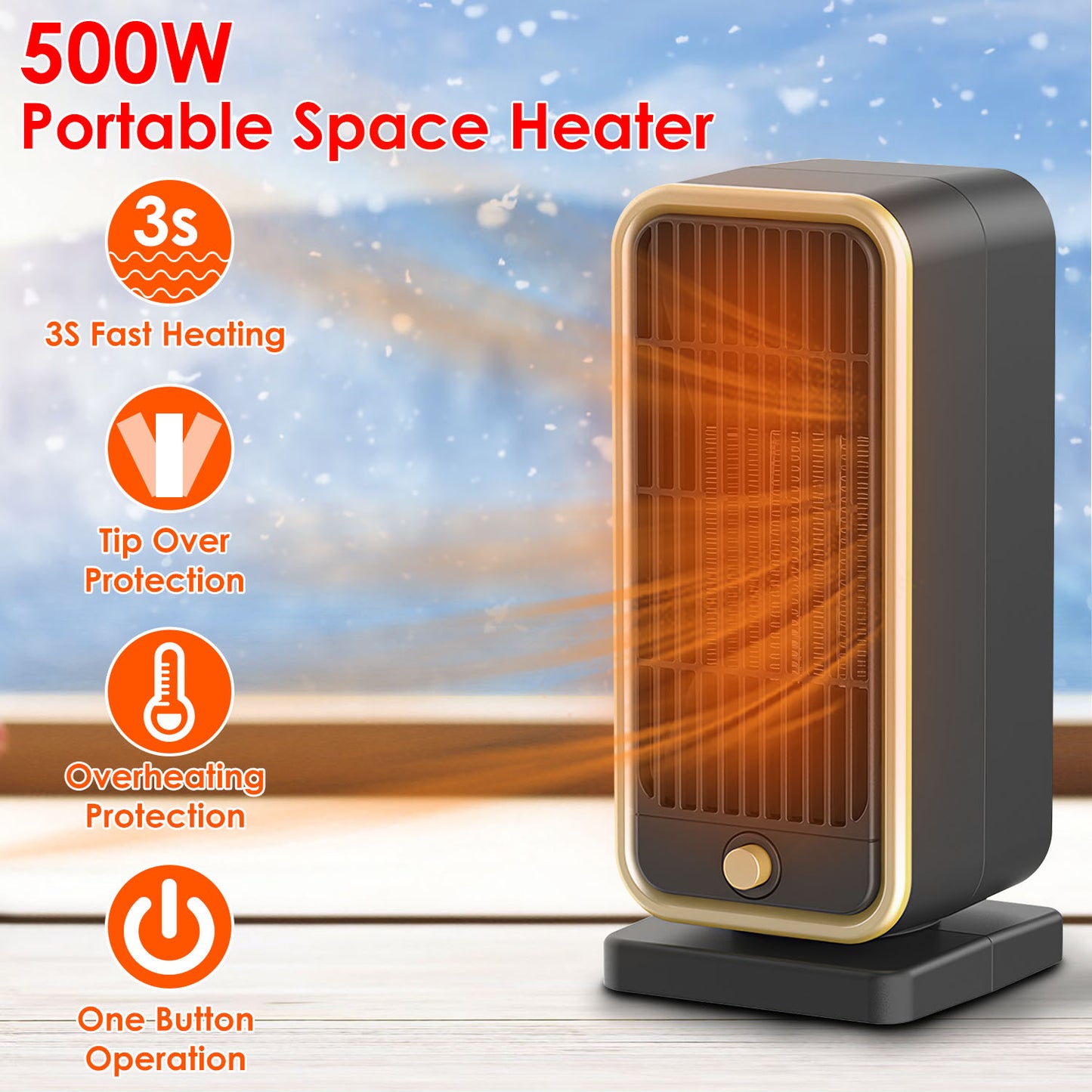 LJGelectro - 500W Portable Electric Heater PTC Ceramic Heating Space Heater Overheating Tip Over Protection 3S Heating Space For 322 Sq FT Home Office Use