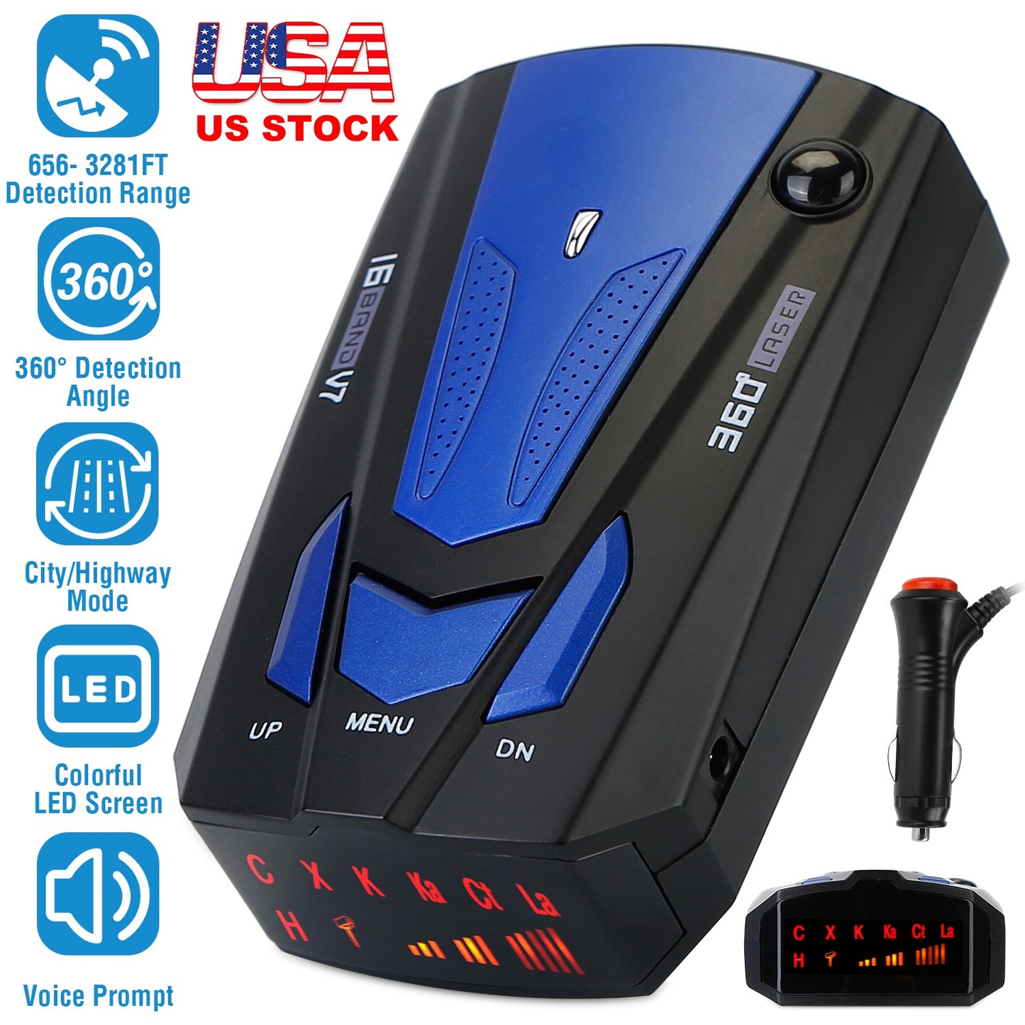 LJGelectro - Radar Detector Car 16 Band V7 Speed Safety Voice Alert Car Radar LED Display City Highway Mode Auto 360° Detection