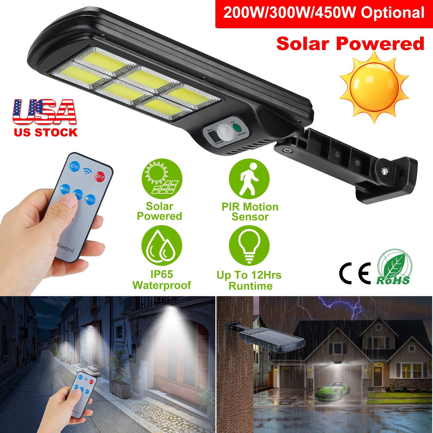 LJGelectro - Solar Powered Wall Lights Outdoor 128LED Beads Motion Sensor Lamp IP65 Waterproof 3 Modes Sensor Light W/ Remote Control For Street Front Door Deck