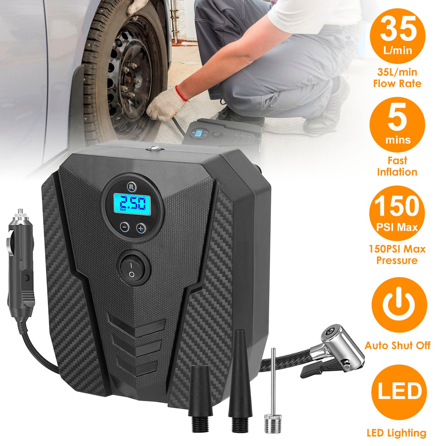 LJGelectro - Portable Car Tire Inflator DC 12V Digital Car Air Pump Compressor Electric Air Pump w/LED Light 150PSI