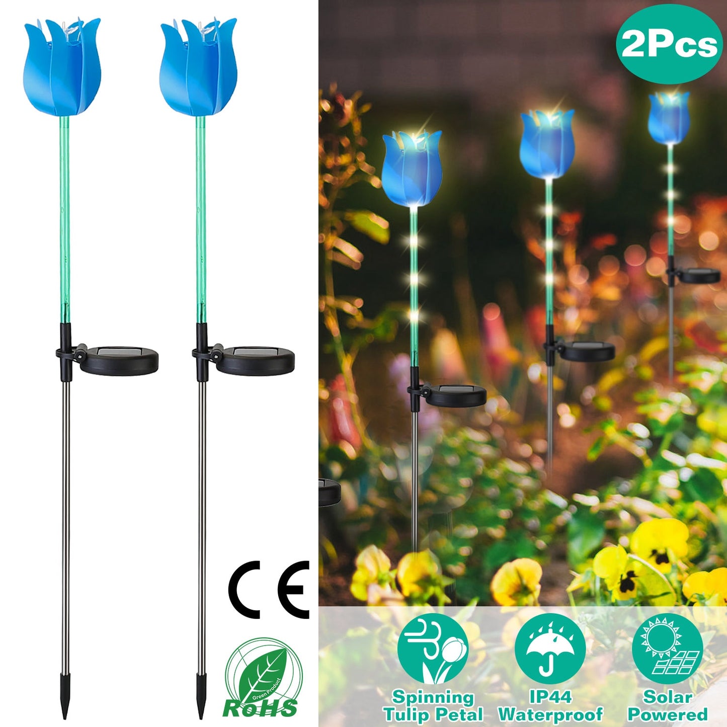 LJGelectro - 2Pcs Solar Powered Tulip Garden Light Wind Mill Waterproof Landscape Stake Lamp Decorative Lawn Lights For Yard Driveway Walkway Patio