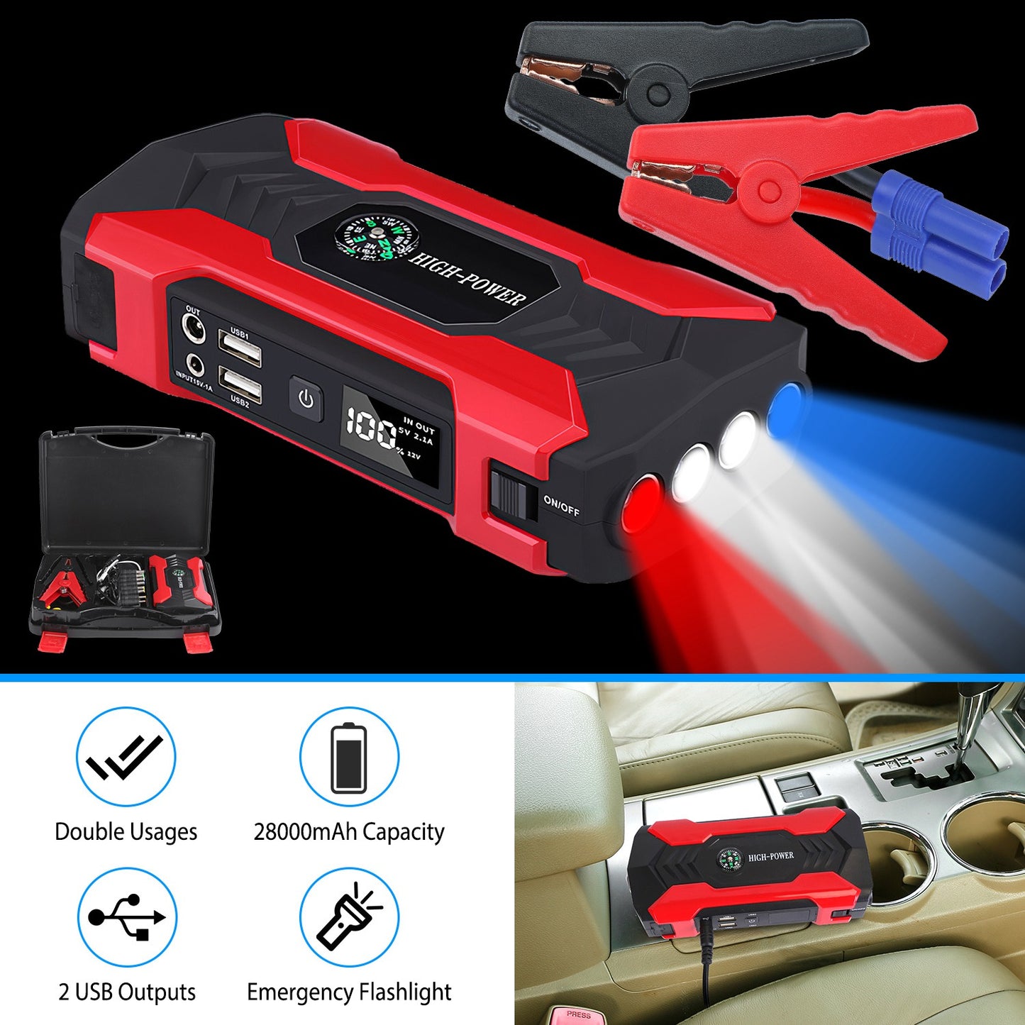 LJGelectro - Car Jump Starter Booster 800A Peak 28000mAh 12V Battery Charger (Up to 6.0L Gas or 3.0L Diesel Engine) w/ LCD Screen 4 Modes LED Flashlight