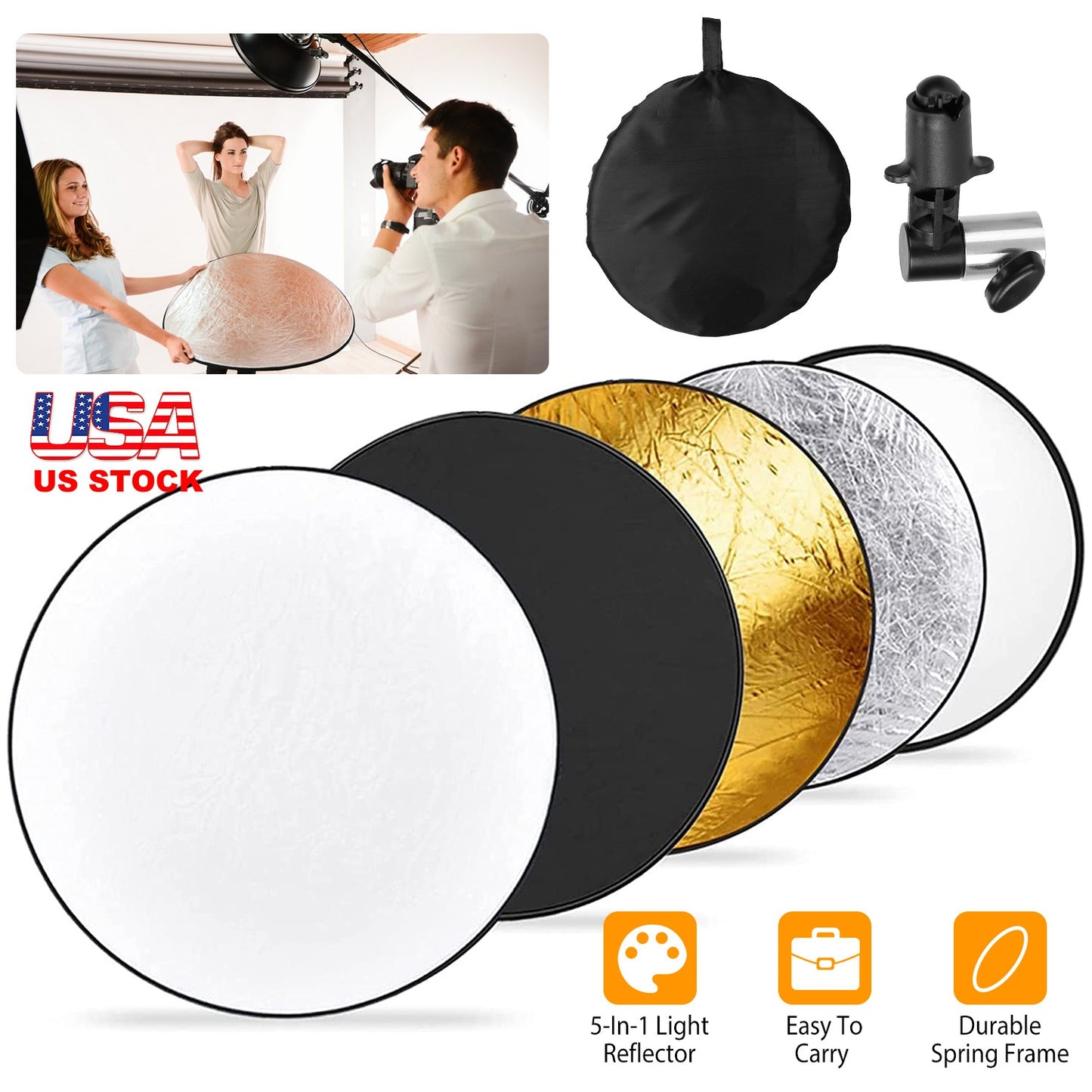 LJGelectro - 42.5In 5 In 1 Photography Round Light Reflector Collapsible Multi Disc Light Diffuser w/ Storage Bag Translucent Silver Gold White Black 5 Colors Refl