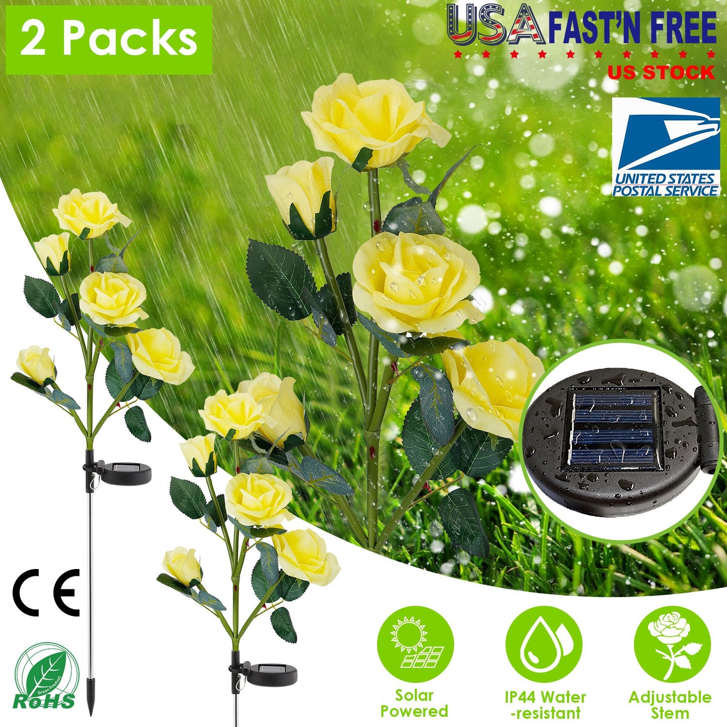 LJGelectro - 2Pcs Solar Powered Lights Outdoor Rose Flower LED Decorative Lamp Water Resistant Pathway Stake Lights For Garden Patio Yard Walkway