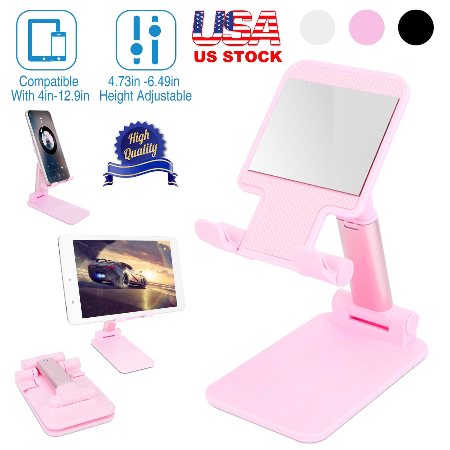 LJGelectro - Foldable Desktop Phone Stand Angle Height Adjustable Tablet Holder Cradle Dock w/ Mirror Fit For 4-12.9in Device