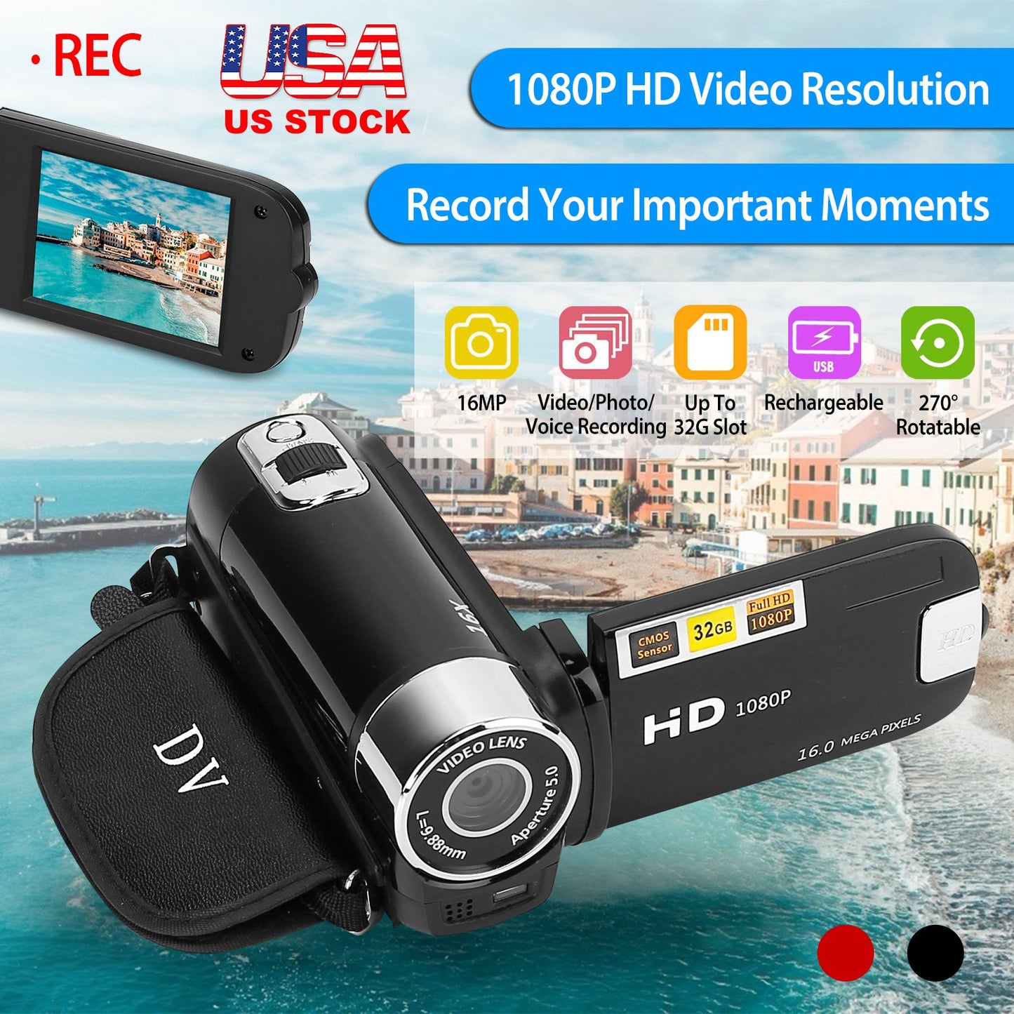 LJGelectro - HD 1080P Digital Video Camcorder 2.7in 16X Zoom DV Camera 270° Rotation Rechargeable Kid Camera w/Fill Light Selfie