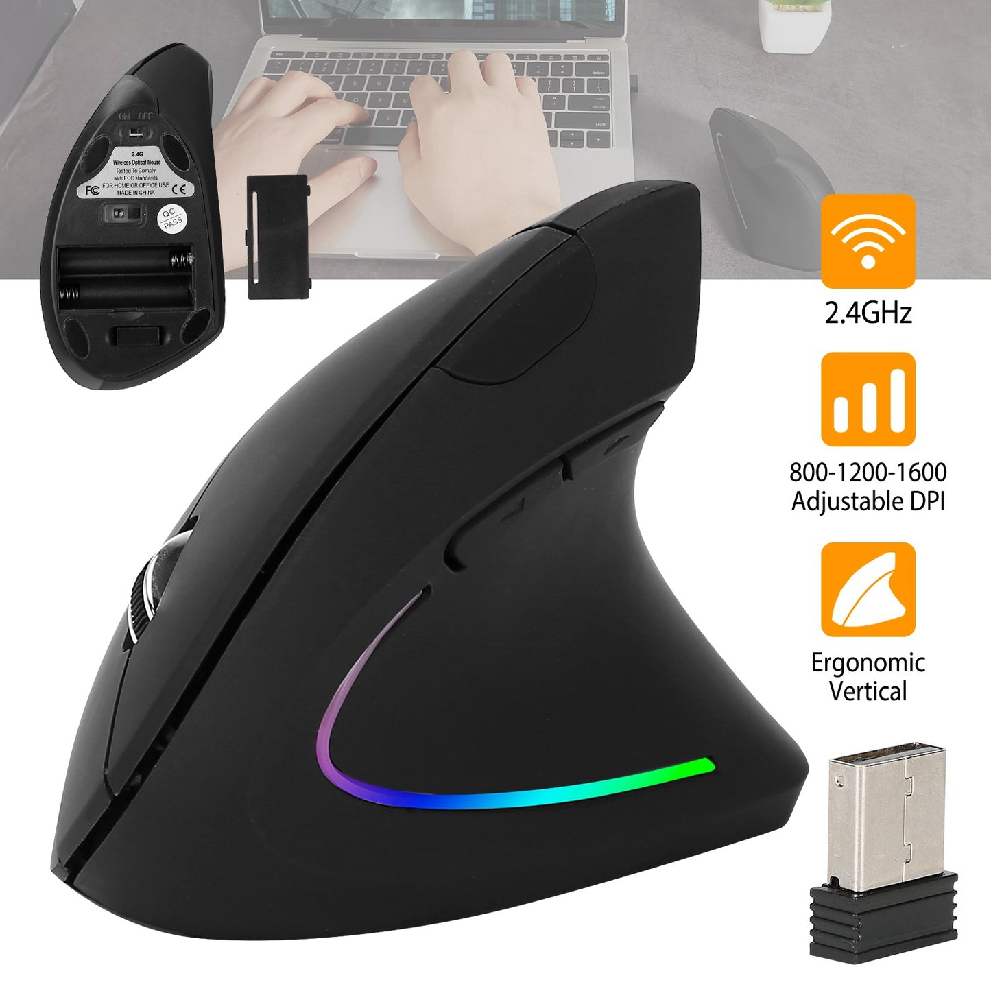 LJGelectro - 2.4G Wireless Vertical Mouse Ergonomic Optical Mice w/ 6 Buttons 3 Adjustable DPI 800/1200/1600 Levels for Laptop PC Computer