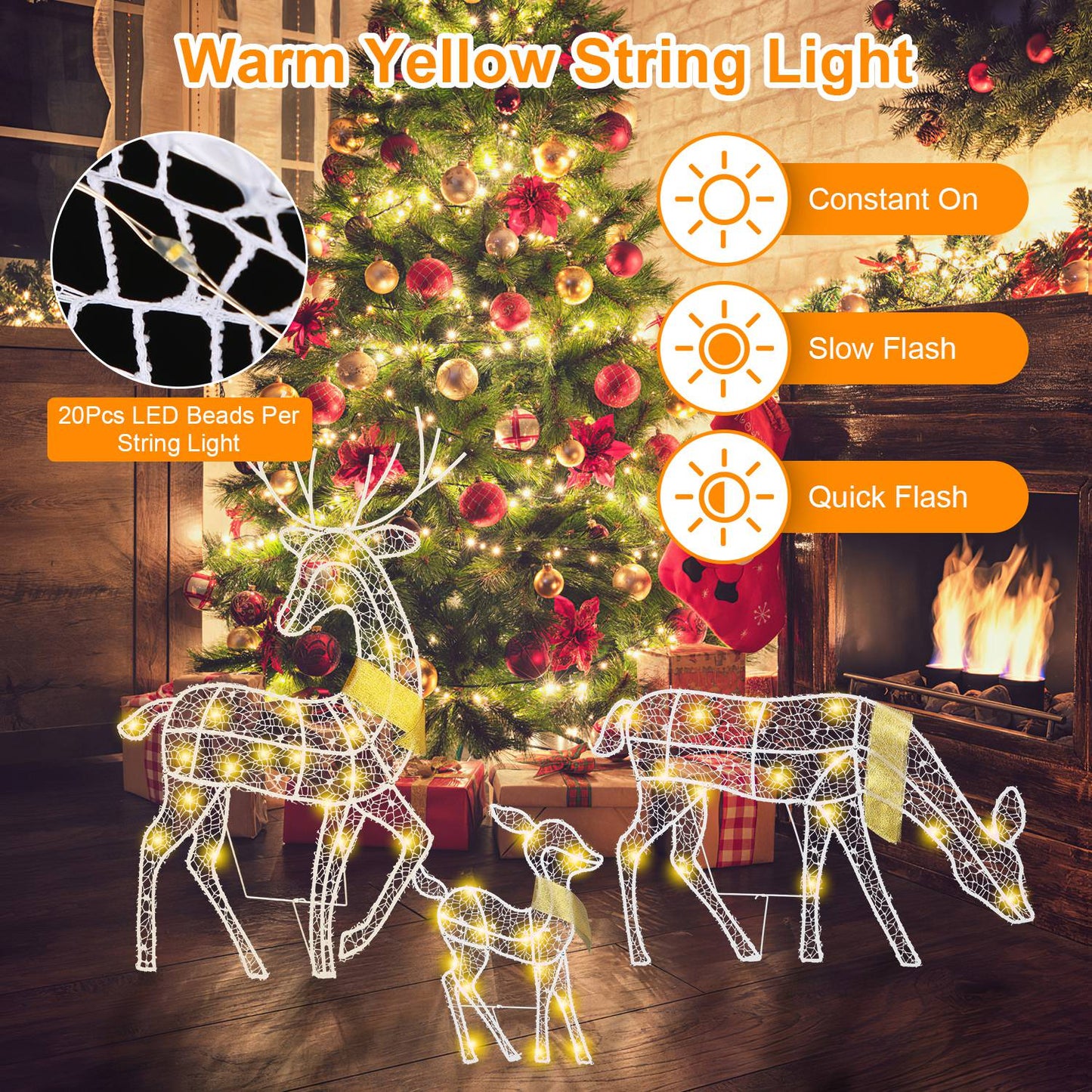 LJGelectro - 3 Sets of Reindeer Family Lighted 2D Christmas Deer Decoration Warm Yellow Light 3 Lighting Modes Buck Doe Fawn Indoor Outdoor Christmas Decoration