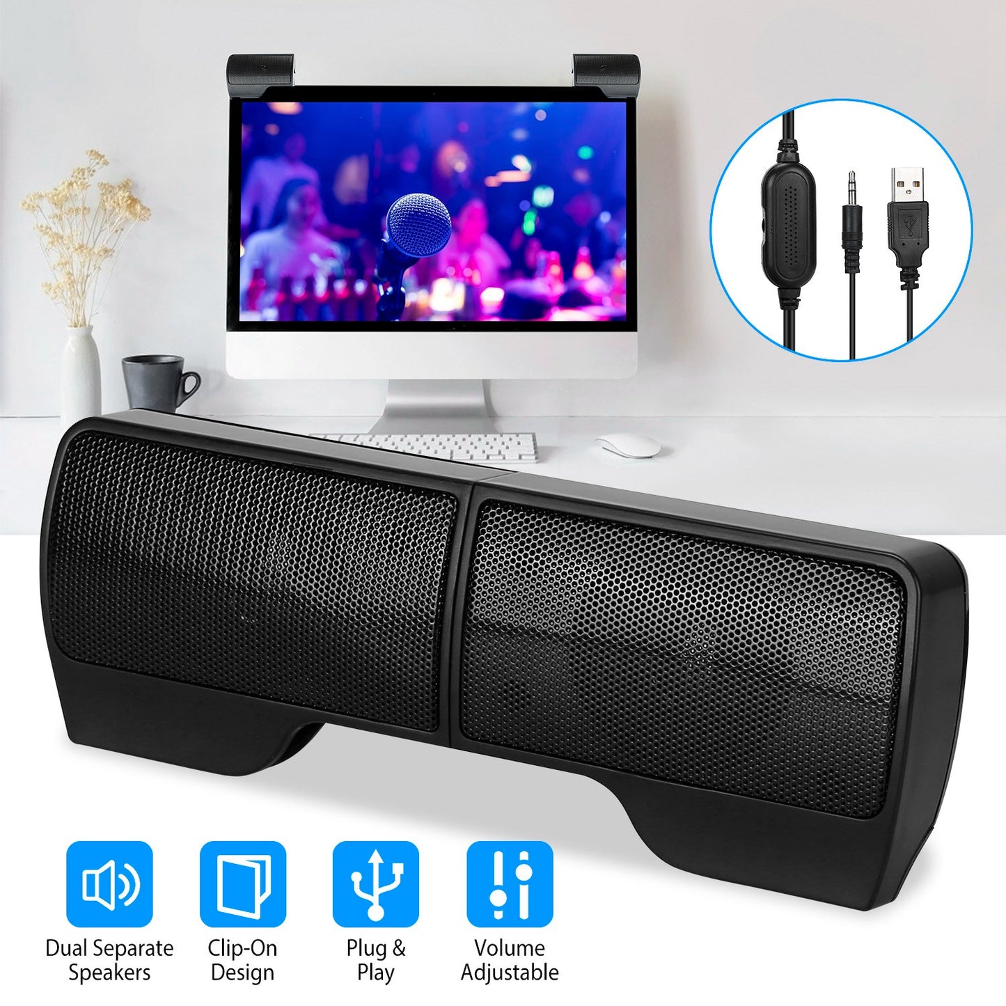 LJGelectro - Clip-On Computer Sound Bar Portable USB Stereo Mini Wired Speaker w/ Volume Control 3.5mm Jack For Desktop Computer Laptop Notebook PC Tablets Plug An