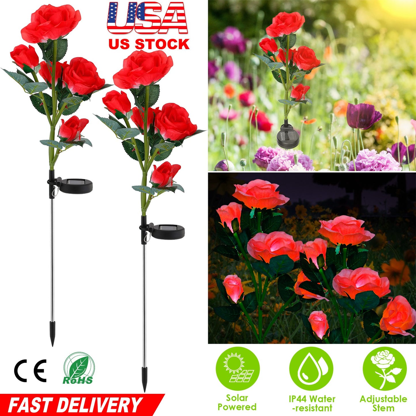 LJGelectro - 2Pcs Solar Powered Lights Outdoor Rose Flower LED Decorative Lamp Water Resistant Pathway Stake Lights For Garden Patio Yard Walkway