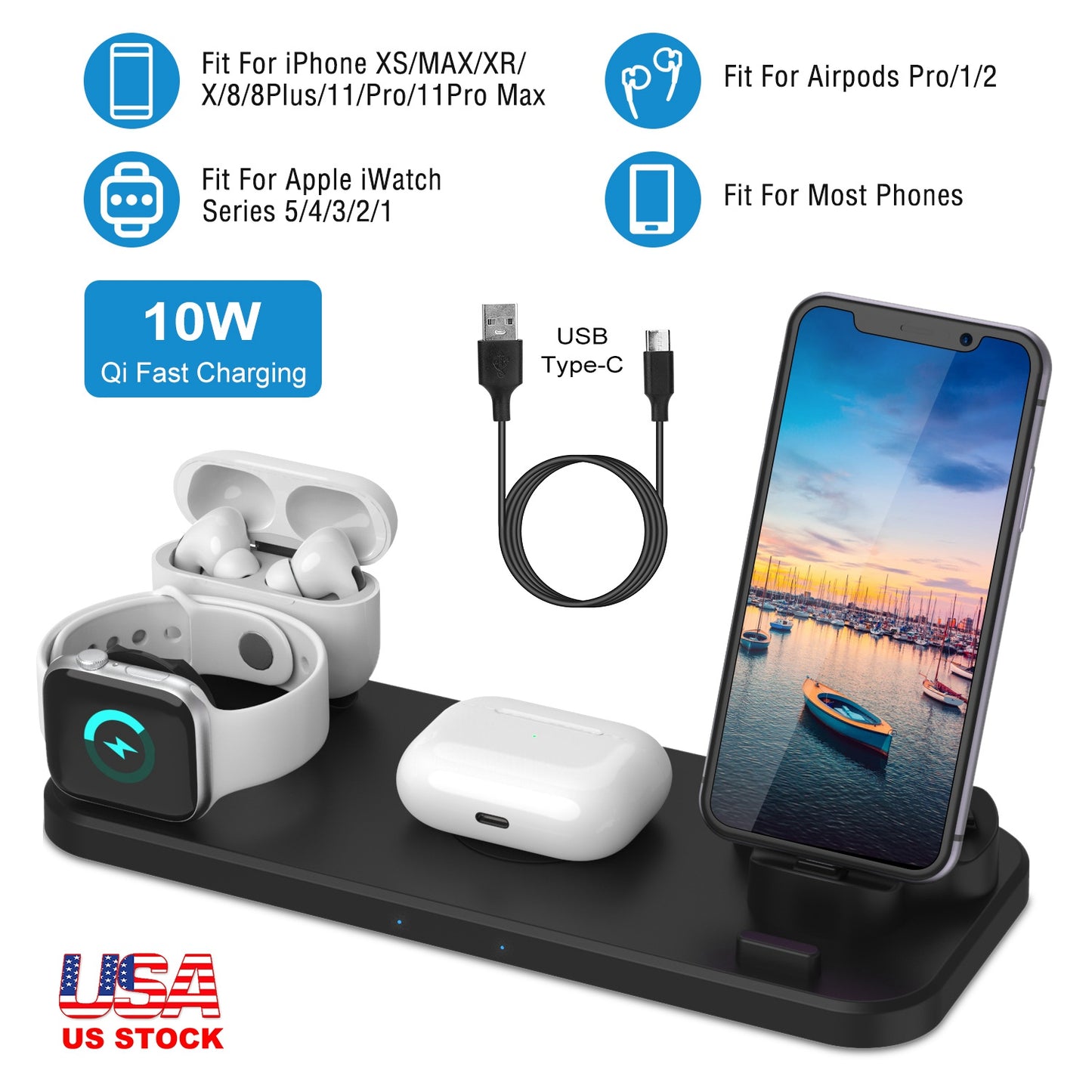 LJGelectro - 6 In 1 Qi Wireless Charger 10W Fast Charging Station Fit For iWatch 5/4/3/2/1 Airpods Pro/1/2 IOS phone Xs/MAX/XR/X/8/8Plus/11/Pro/11Pro max Galaxy No