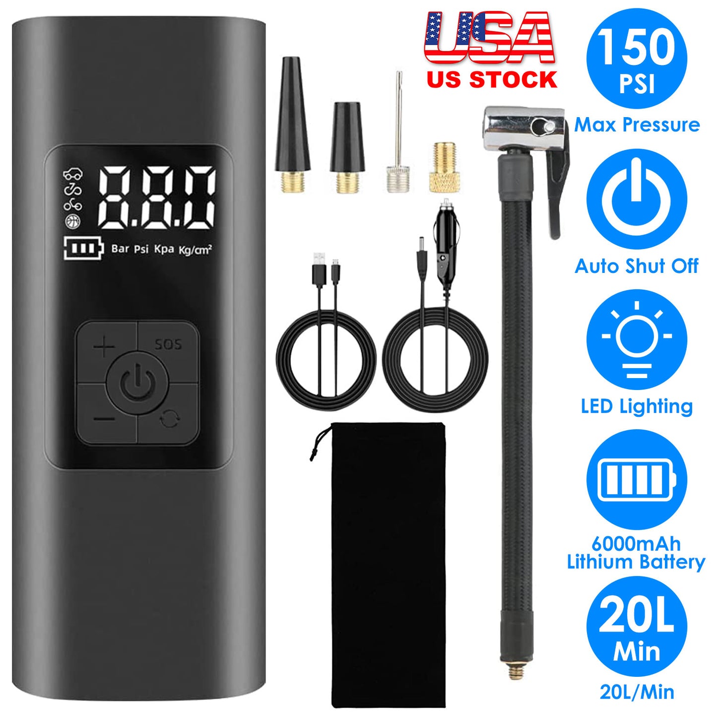 LJGelectro - 150PSI Cordless Car Tire Pump 6000mAh Rechargeable Tire Inflator Portable Air Compressor for Car Bike Motorcycle Ball