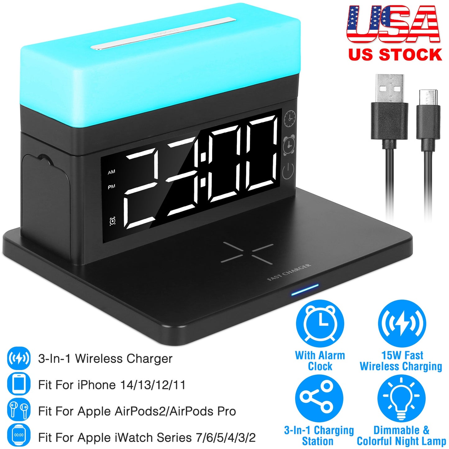 LJGelectro - 3 in 1 Wireless Charger Fast Charging Station Dock with Alarm Clock and Dimmable Colorful Night Light Fit for iPhone 14/13/12/11/Pro Max/iWatch/AirPod