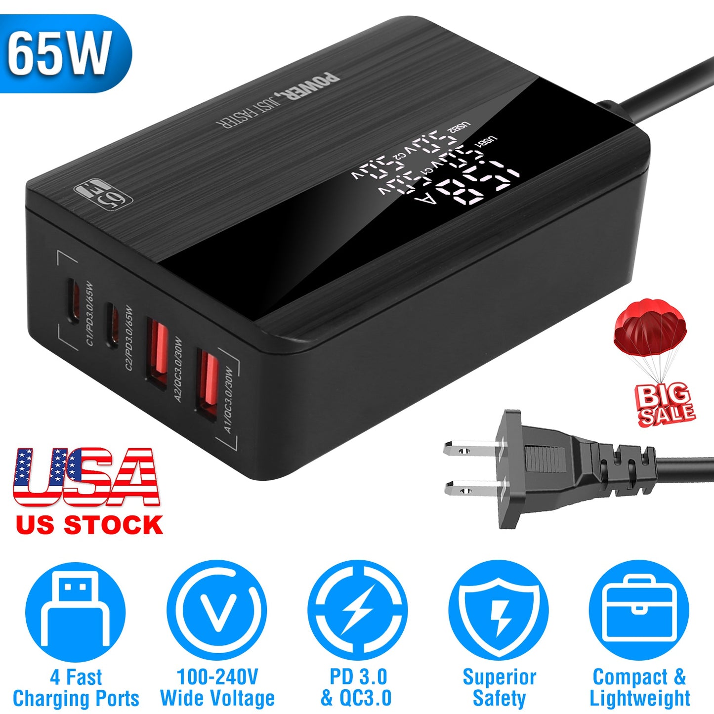 LJGelectro - 65W Fast Wall Charger 4 Port USB Charging Station PD3.0 QC3.0 Adapter Fit for iPhone 14 13 12 11 Samsung S22 S21 Switch MacBook iPad