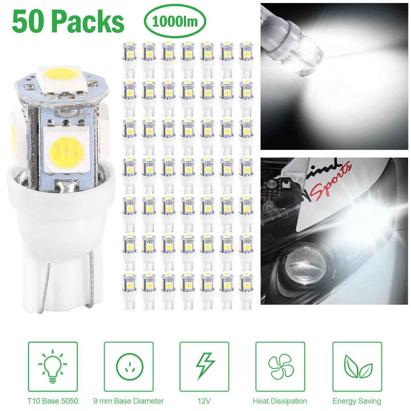 LJGelectro - 50Pcs/Kit LED Car Light Bulbs 1000lm T10 Base 5050 6000K White Auto Lamps Replacement for Dome Map Door Trunk Signal License Plate