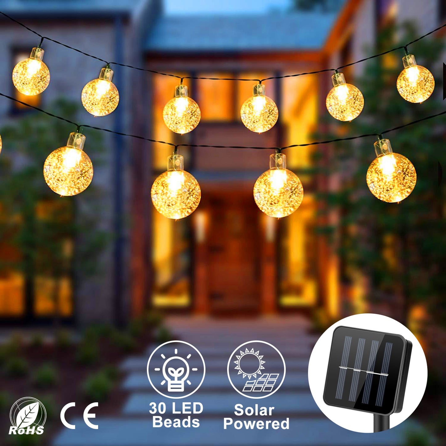 LJGelectro - Globe String Solar Lights 30 Ball LED Fairy Solar Lamps 8 Lighting Modes IP65 Waterproof Decorative Lights w/ Stake Garden Lawn Flower Trees Patio Gar